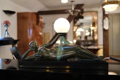 Aube Art Deco Style Sculpture Lying Nude with Lighted Ball by Max Le Verrier