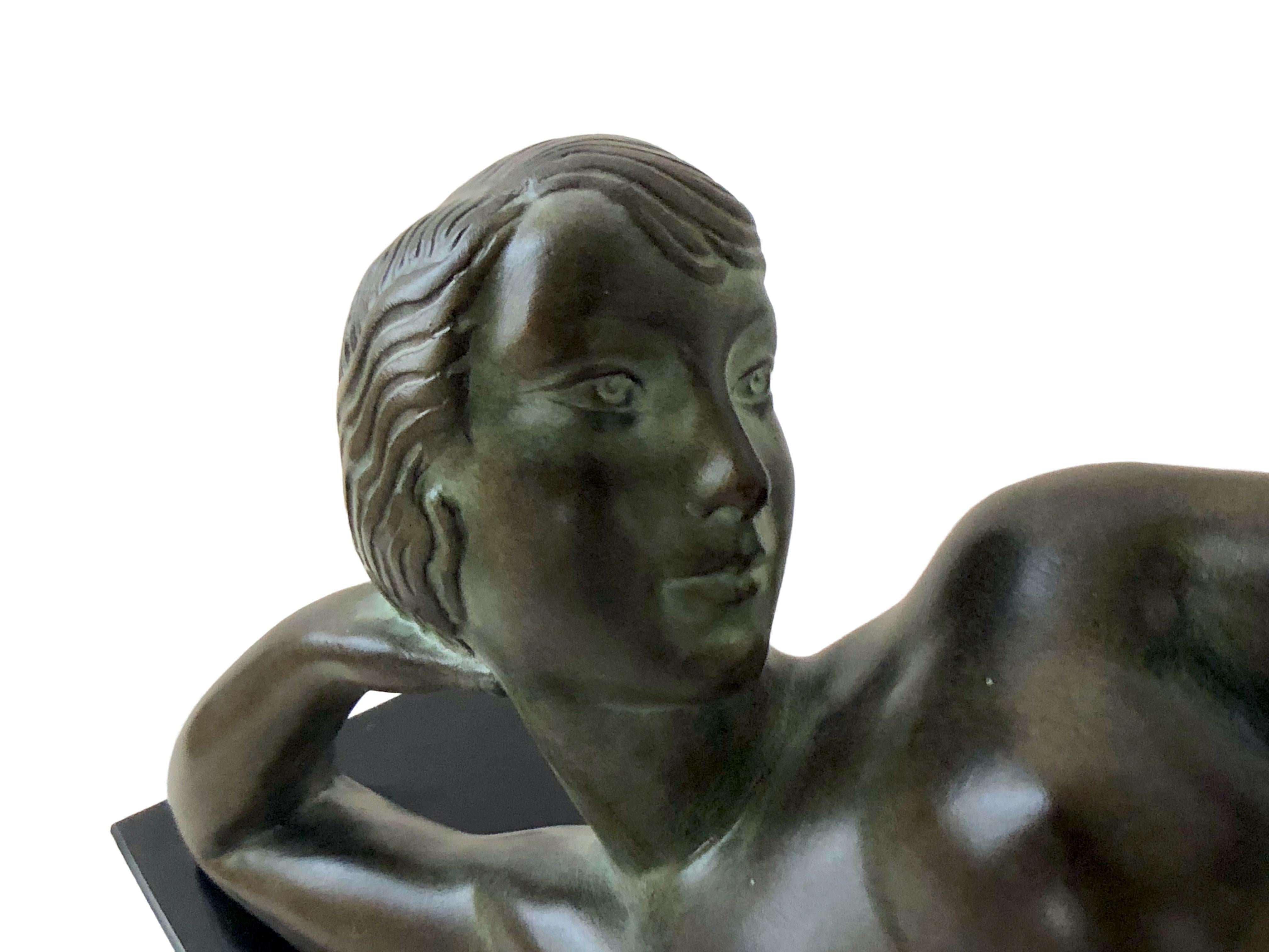Patinated Aube Art Deco Style Sculpture Lying Nude with Lighted Ball by Max Le Verrier For Sale