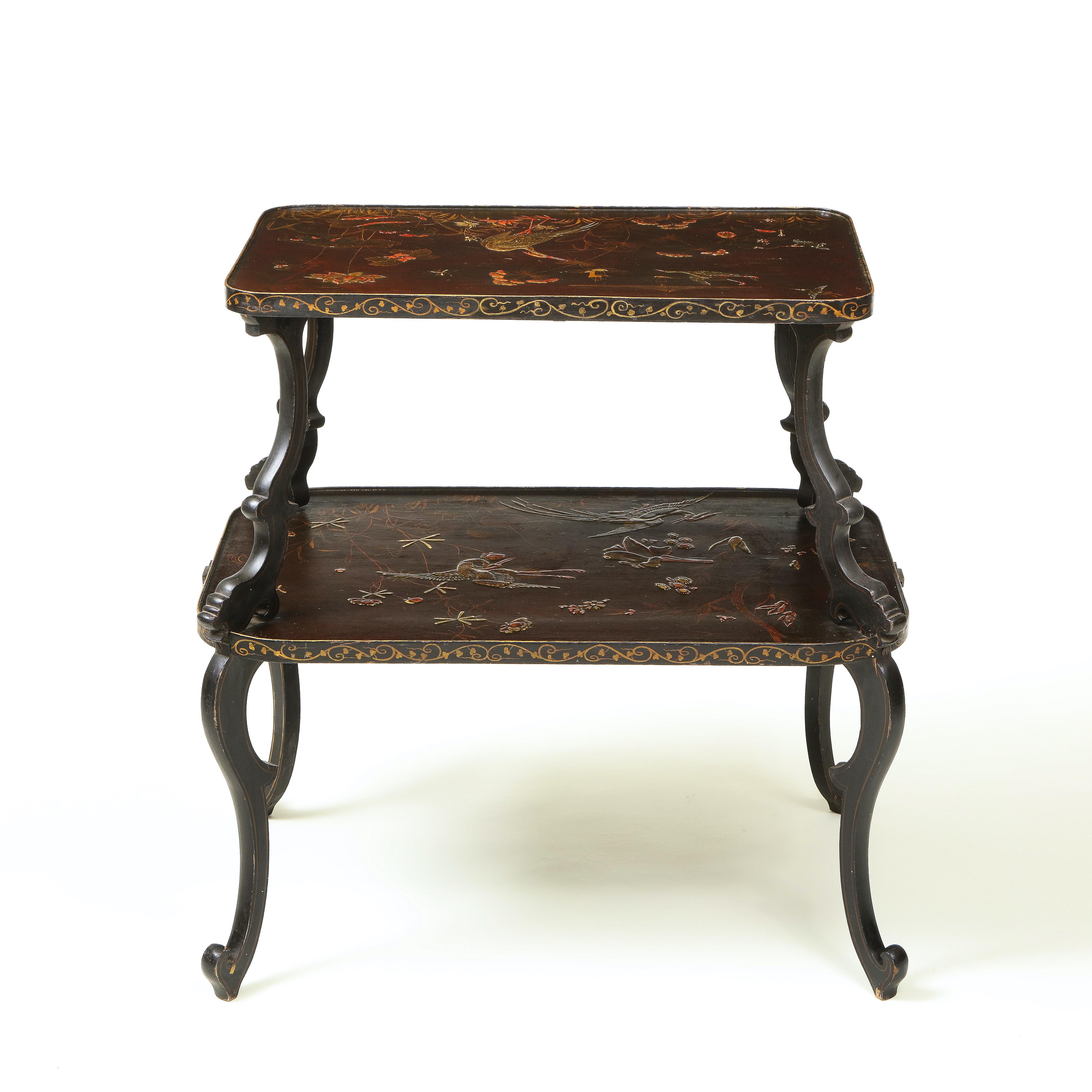Aubergine and Gilt Japanned Chinoiserie Two-Tier Table For Sale 6