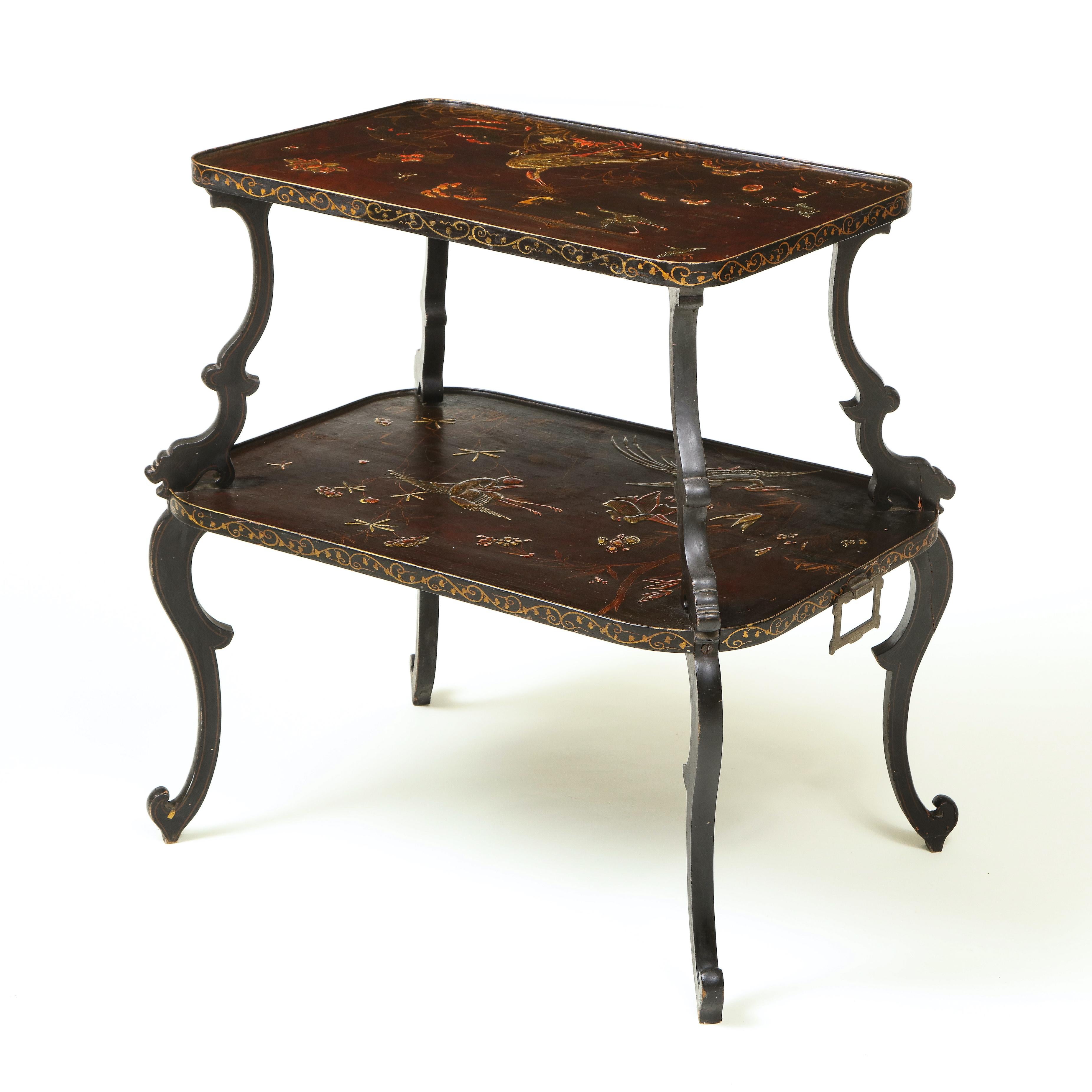 Aubergine and Gilt Japanned Chinoiserie Two-Tier Table For Sale 7