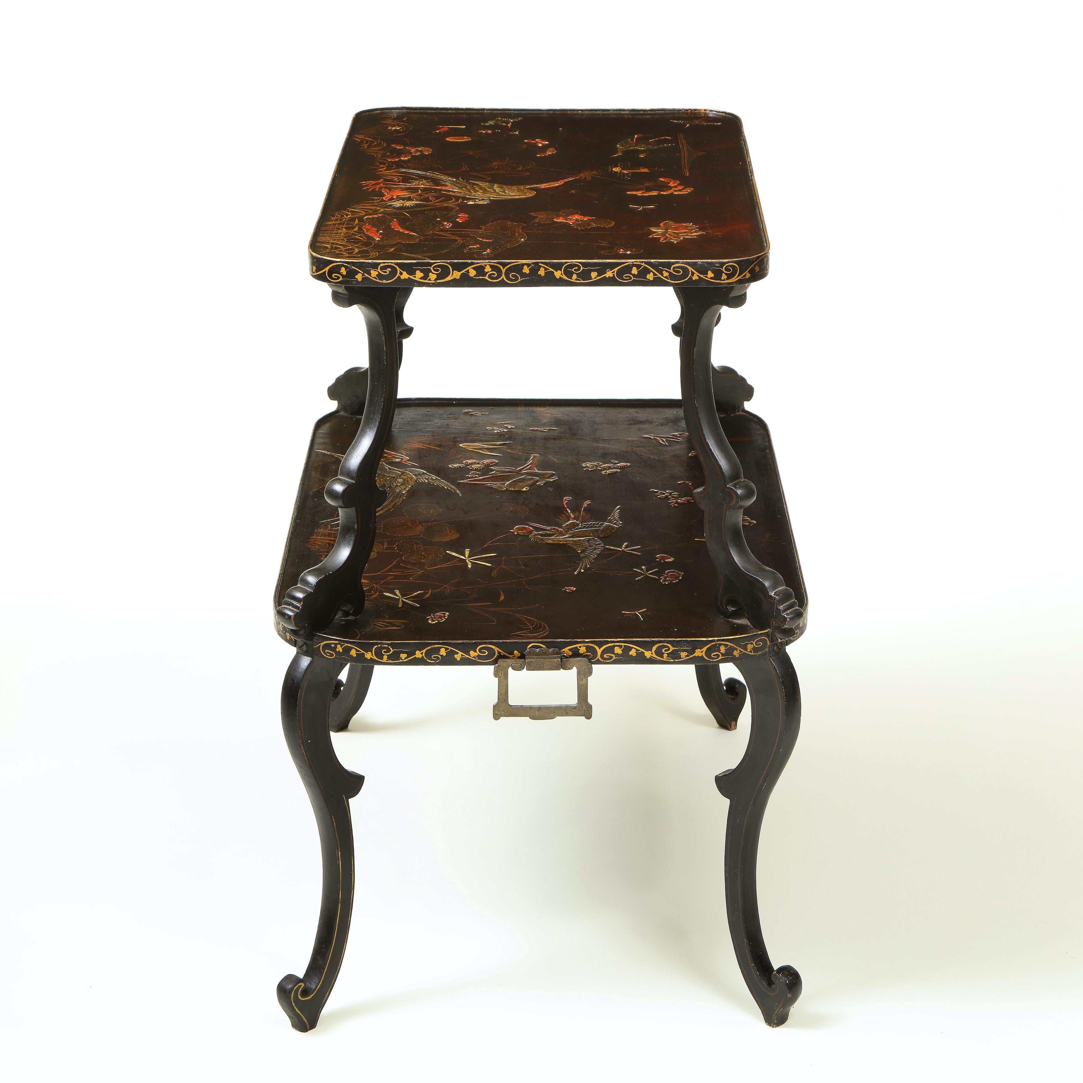 French Aubergine and Gilt Japanned Chinoiserie Two-Tier Table For Sale