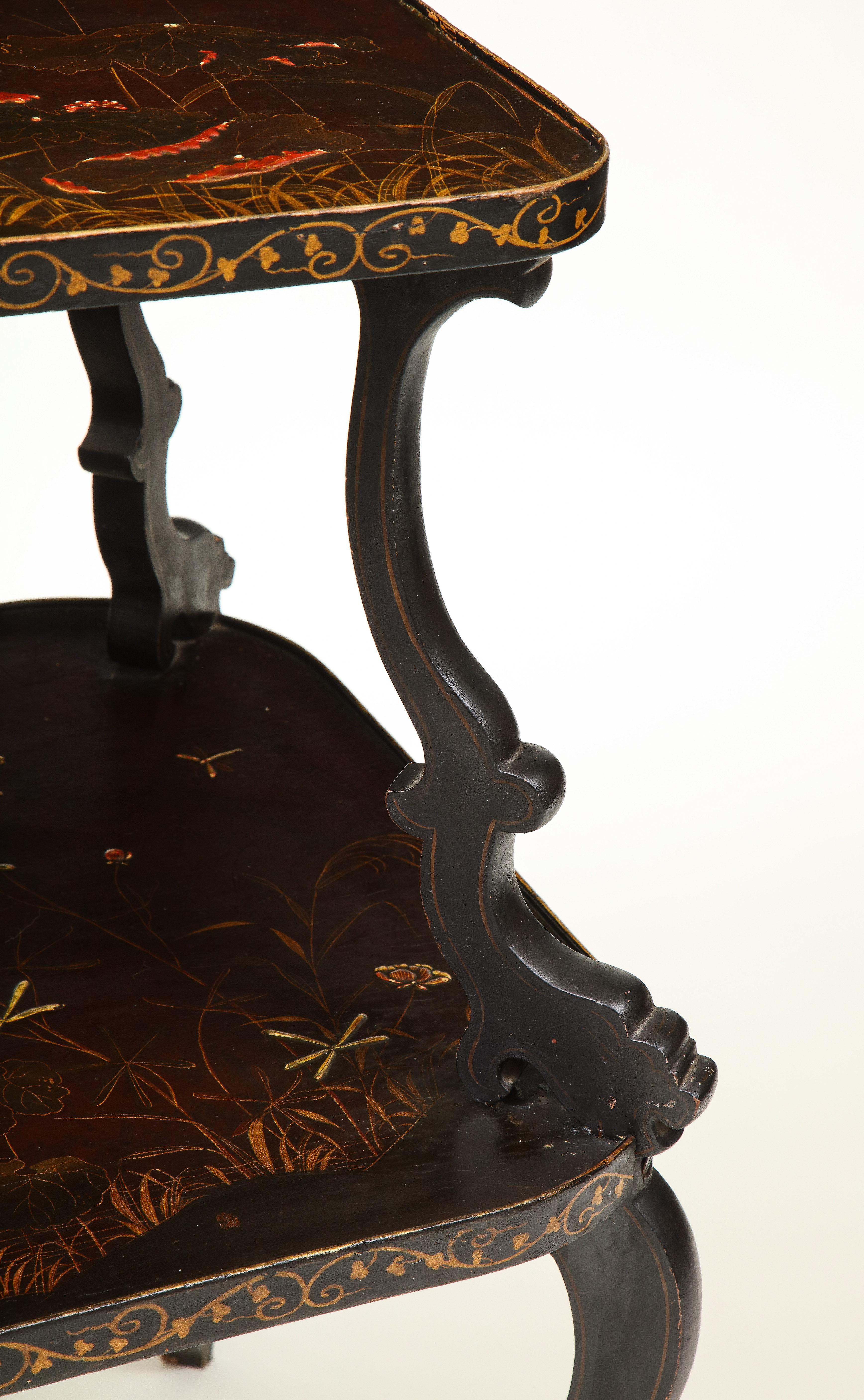 Wood Aubergine and Gilt Japanned Chinoiserie Two-Tier Table For Sale