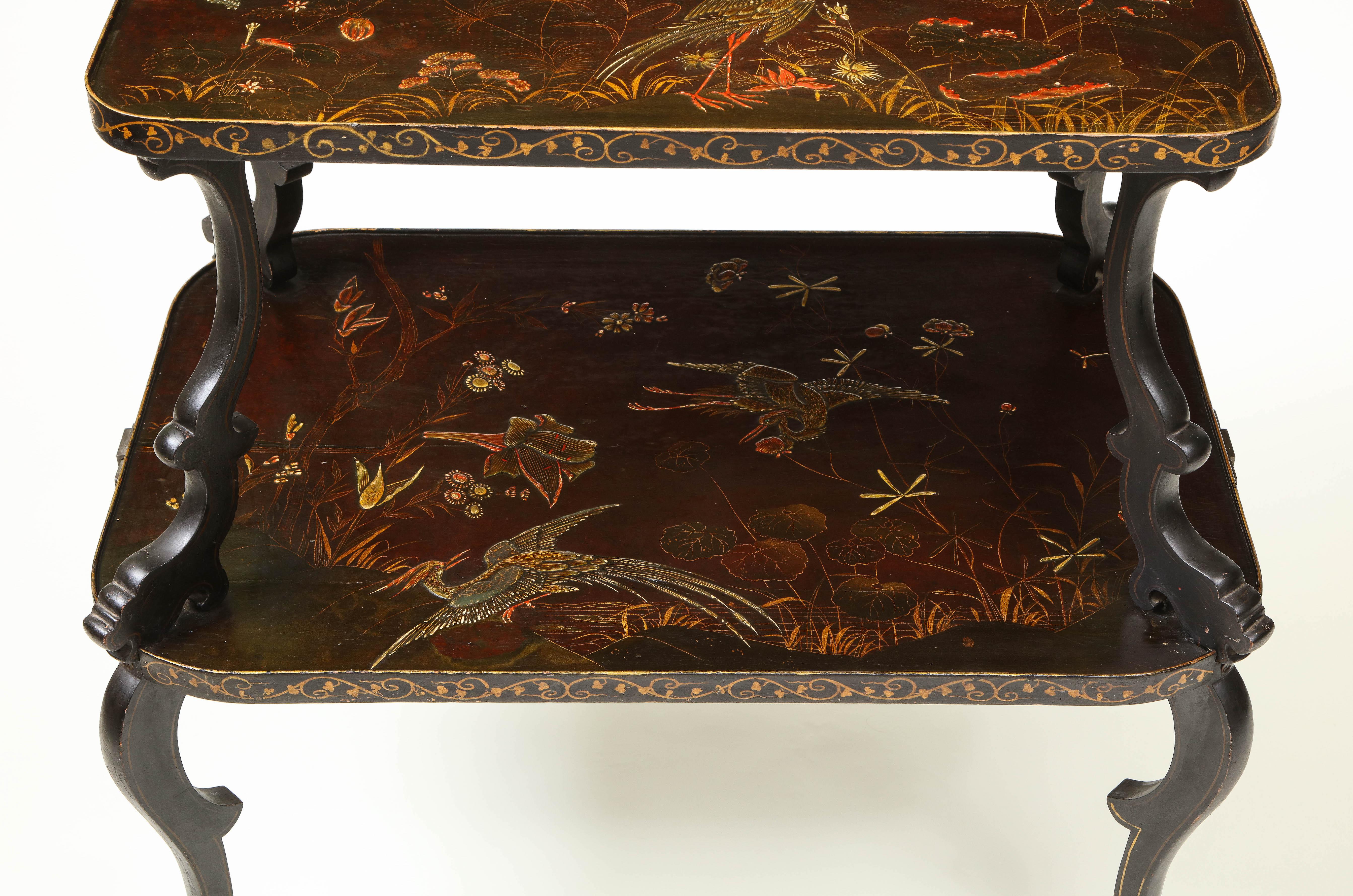 Aubergine and Gilt Japanned Chinoiserie Two-Tier Table For Sale 1
