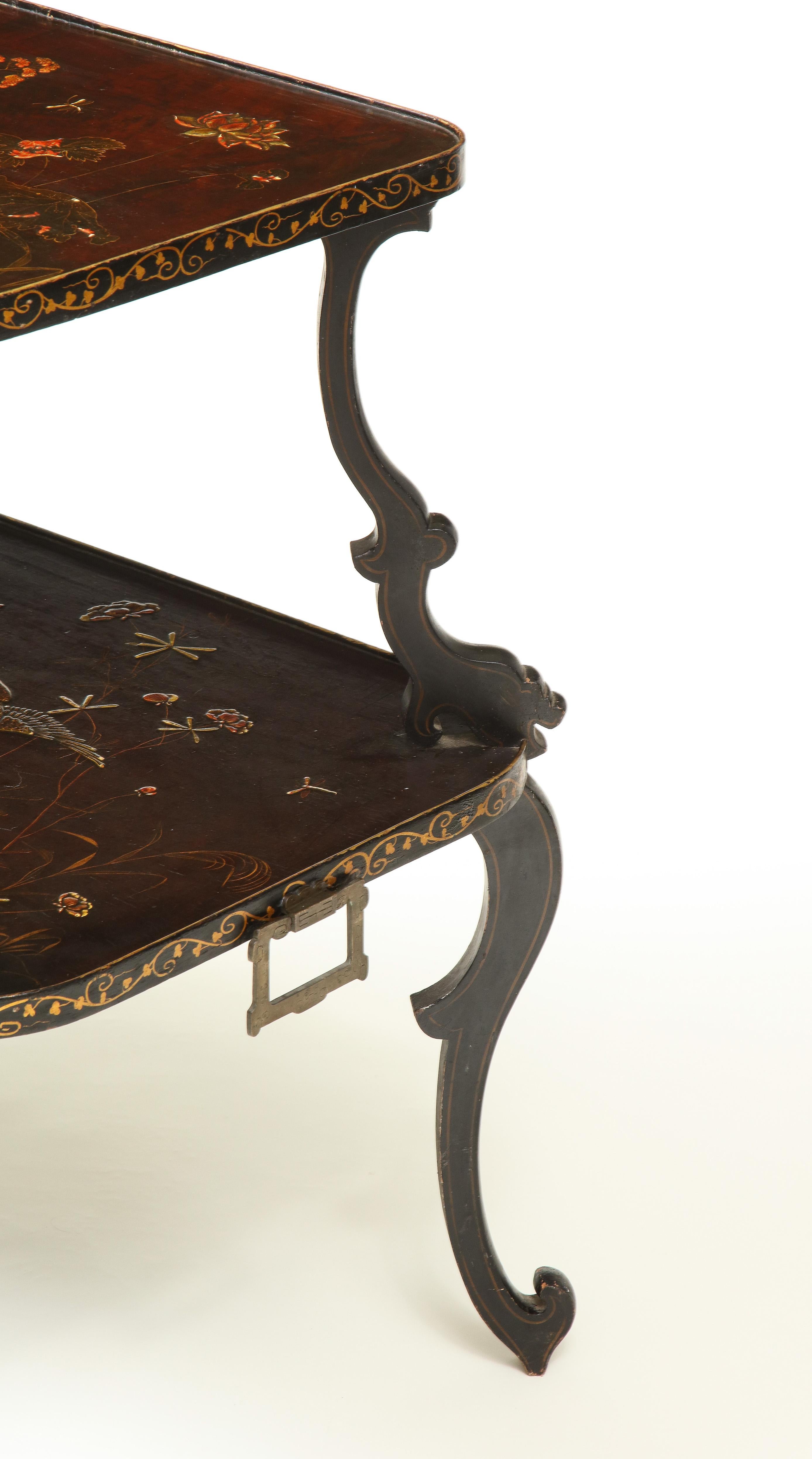Aubergine and Gilt Japanned Chinoiserie Two-Tier Table For Sale 2