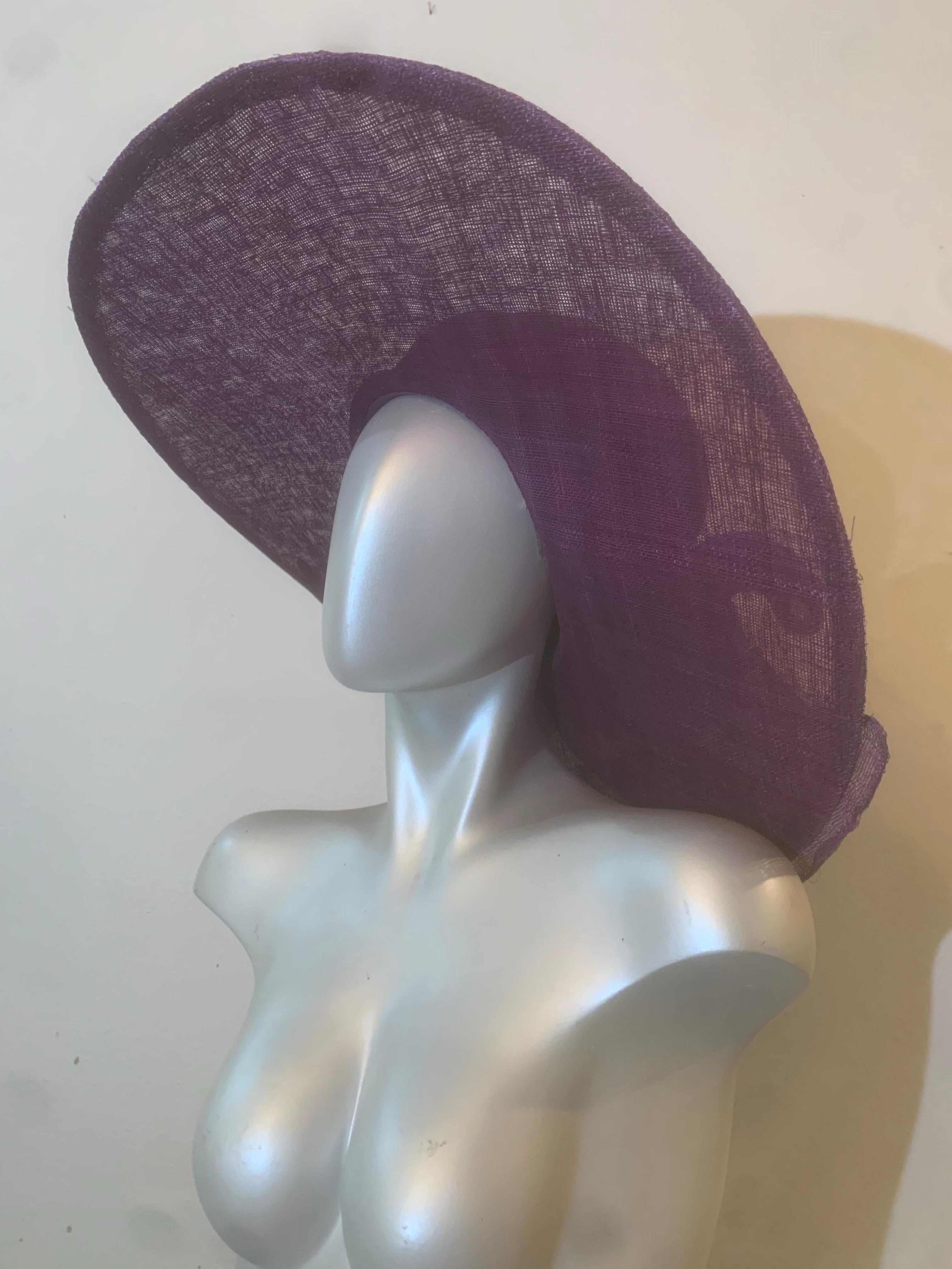 Aubergine Purple Wide Brim Couture Straw Hat w Round Crown and Large Bow at Back For Sale 5