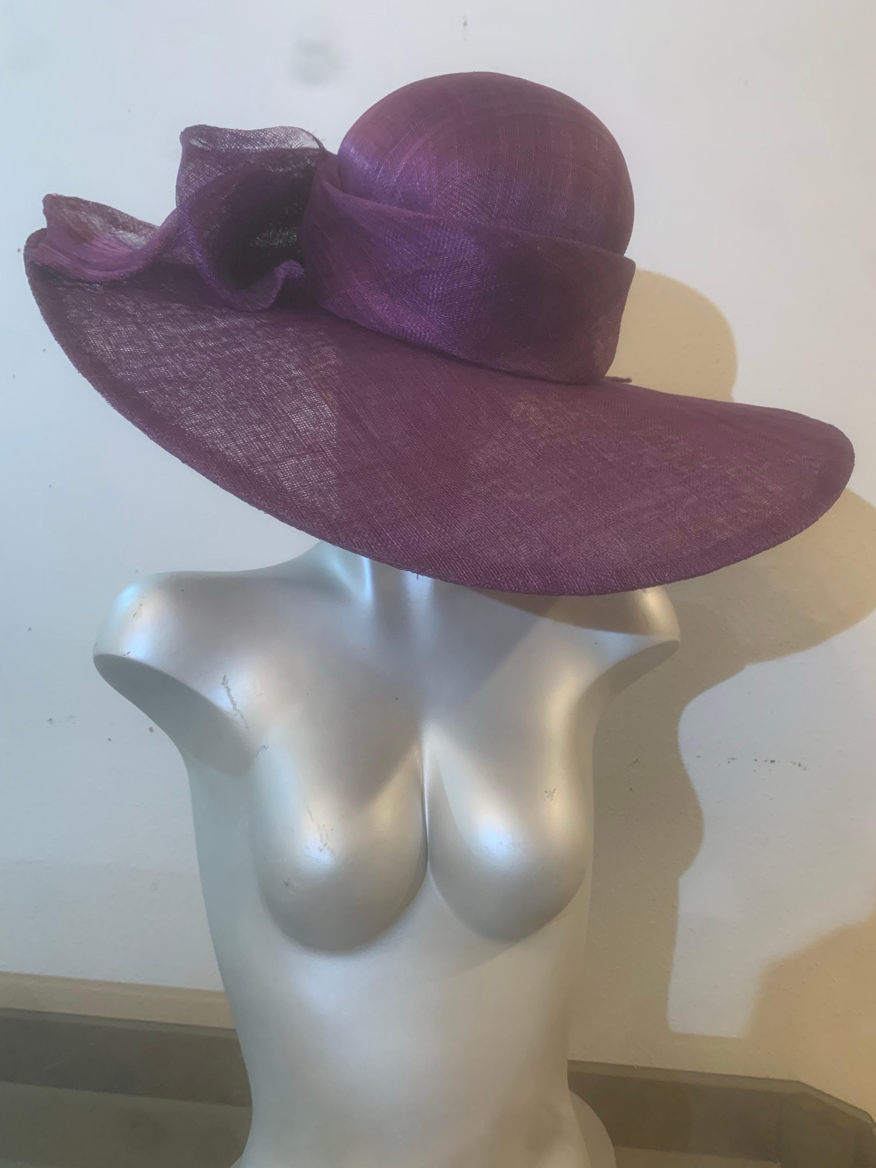 Aubergine Purple Wide Brim Couture Straw Hat w Round Crown and Large Bow at Back:  Susan van der Linde Couture produced this Spring/Summer collection, ultra-fine sheer straw hat. Double layer construction on entire hat. Brim is 22
