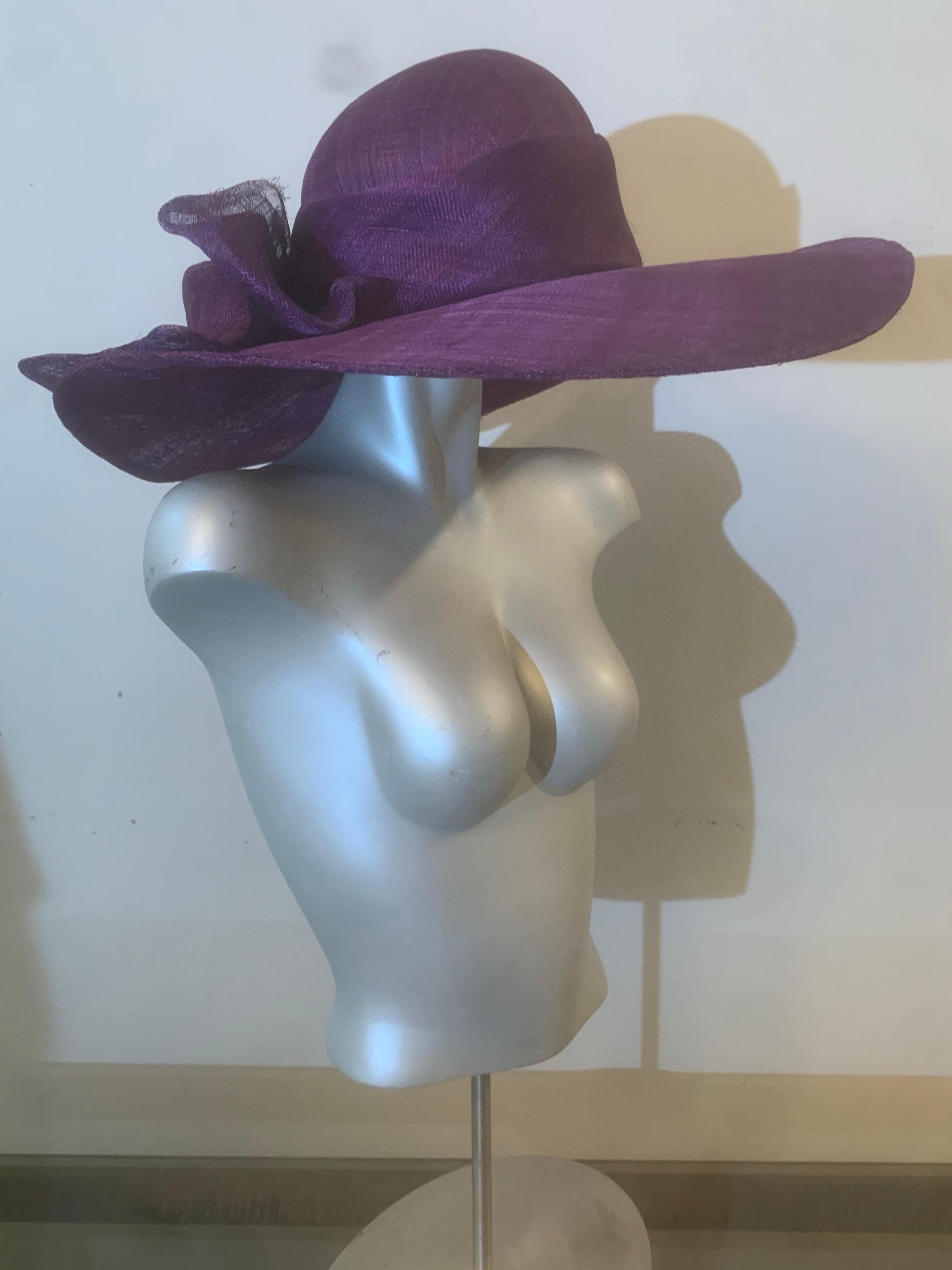 Gray Aubergine Purple Wide Brim Couture Straw Hat w Round Crown and Large Bow at Back For Sale
