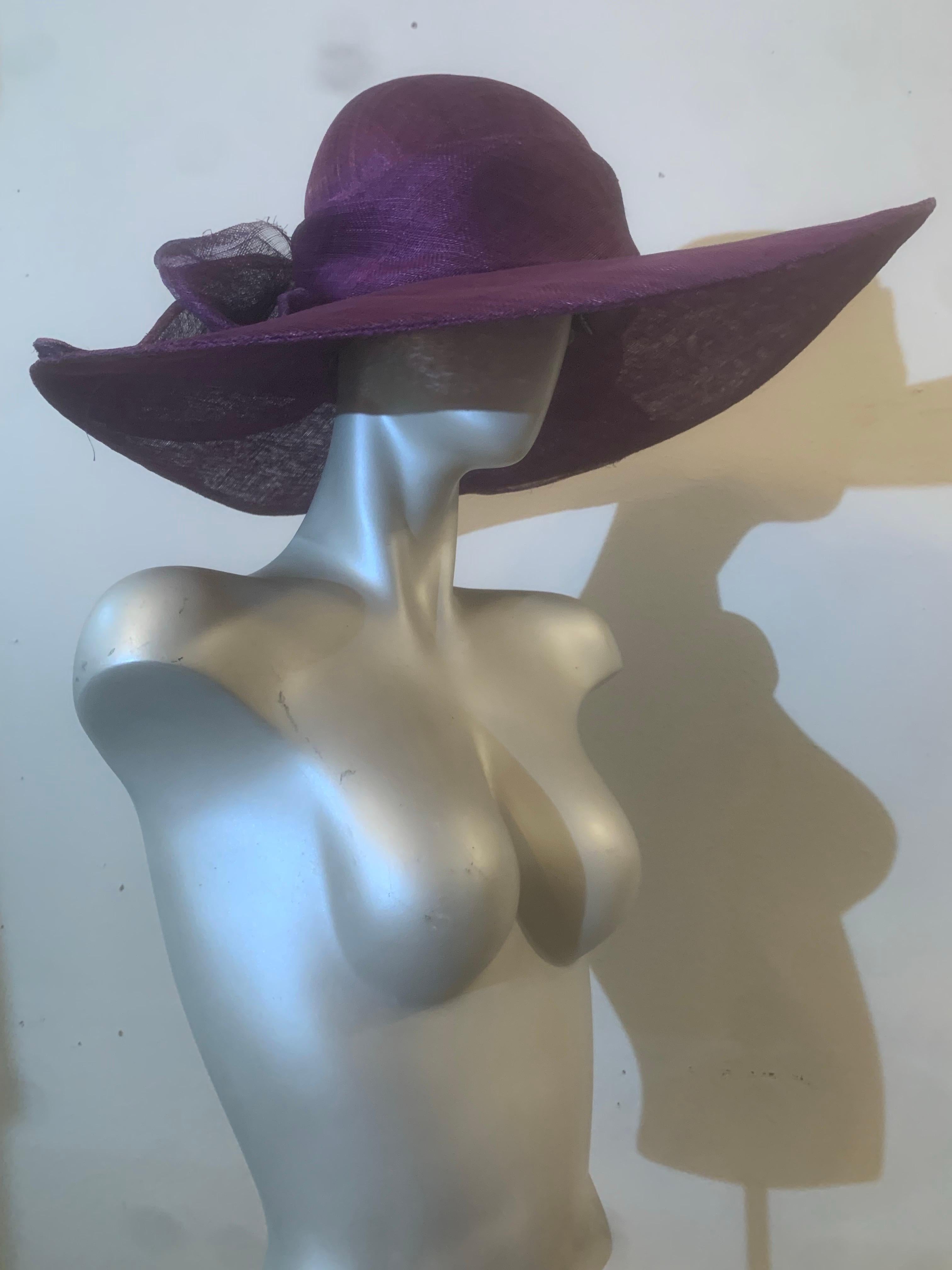 Aubergine Purple Wide Brim Couture Straw Hat w Round Crown and Large Bow at Back In Excellent Condition For Sale In Gresham, OR