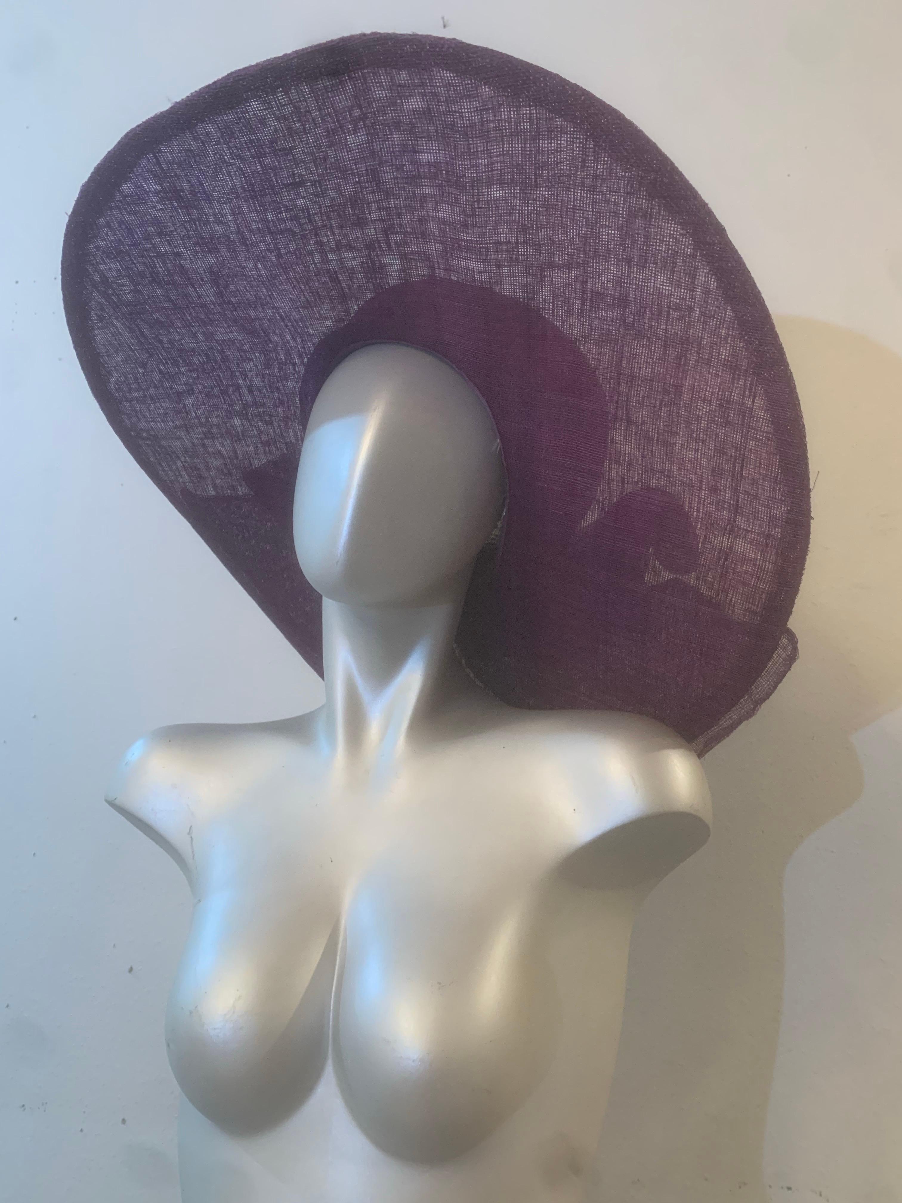 Women's Aubergine Purple Wide Brim Couture Straw Hat w Round Crown and Large Bow at Back For Sale