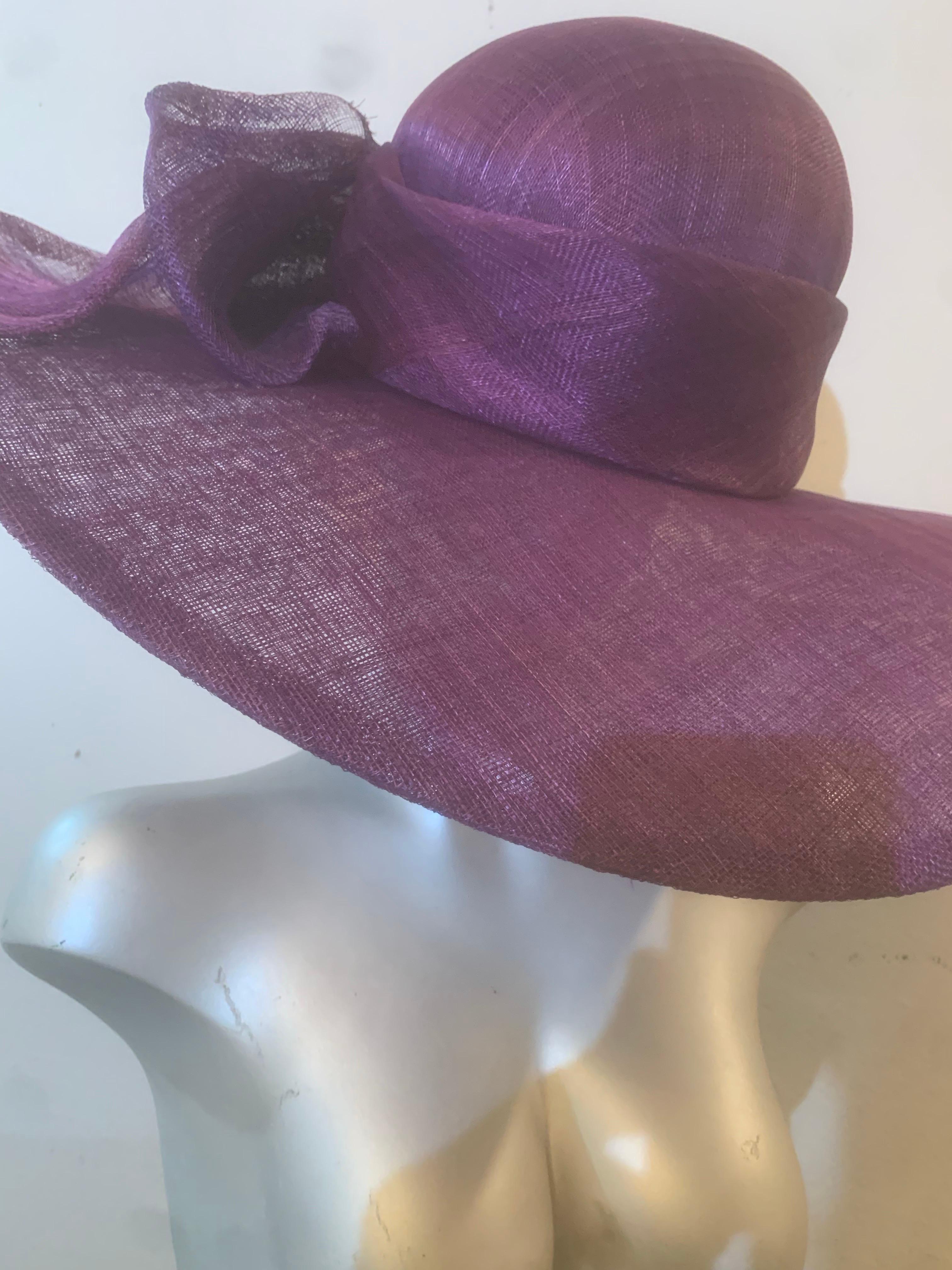 Aubergine Purple Wide Brim Couture Straw Hat w Round Crown and Large Bow at Back For Sale 1