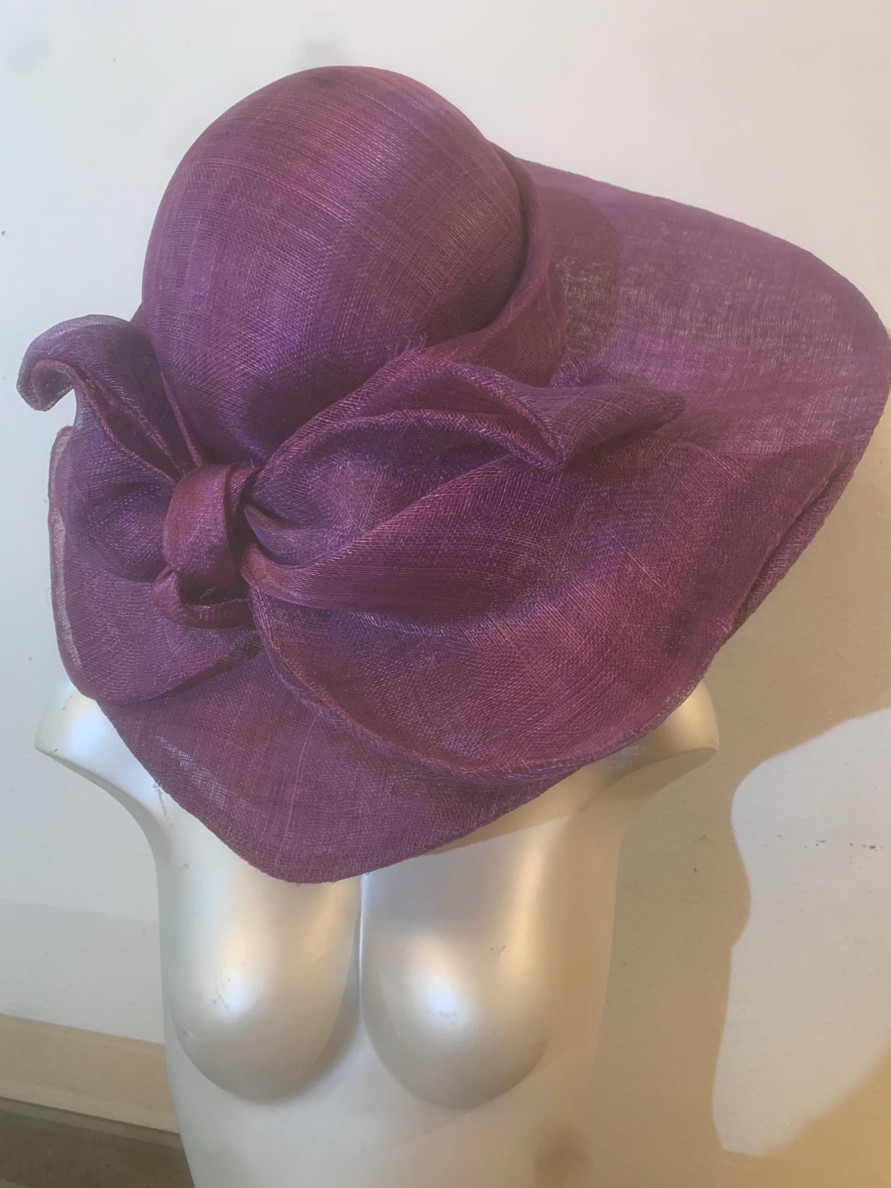 Aubergine Purple Wide Brim Couture Straw Hat w Round Crown and Large Bow at Back For Sale 2