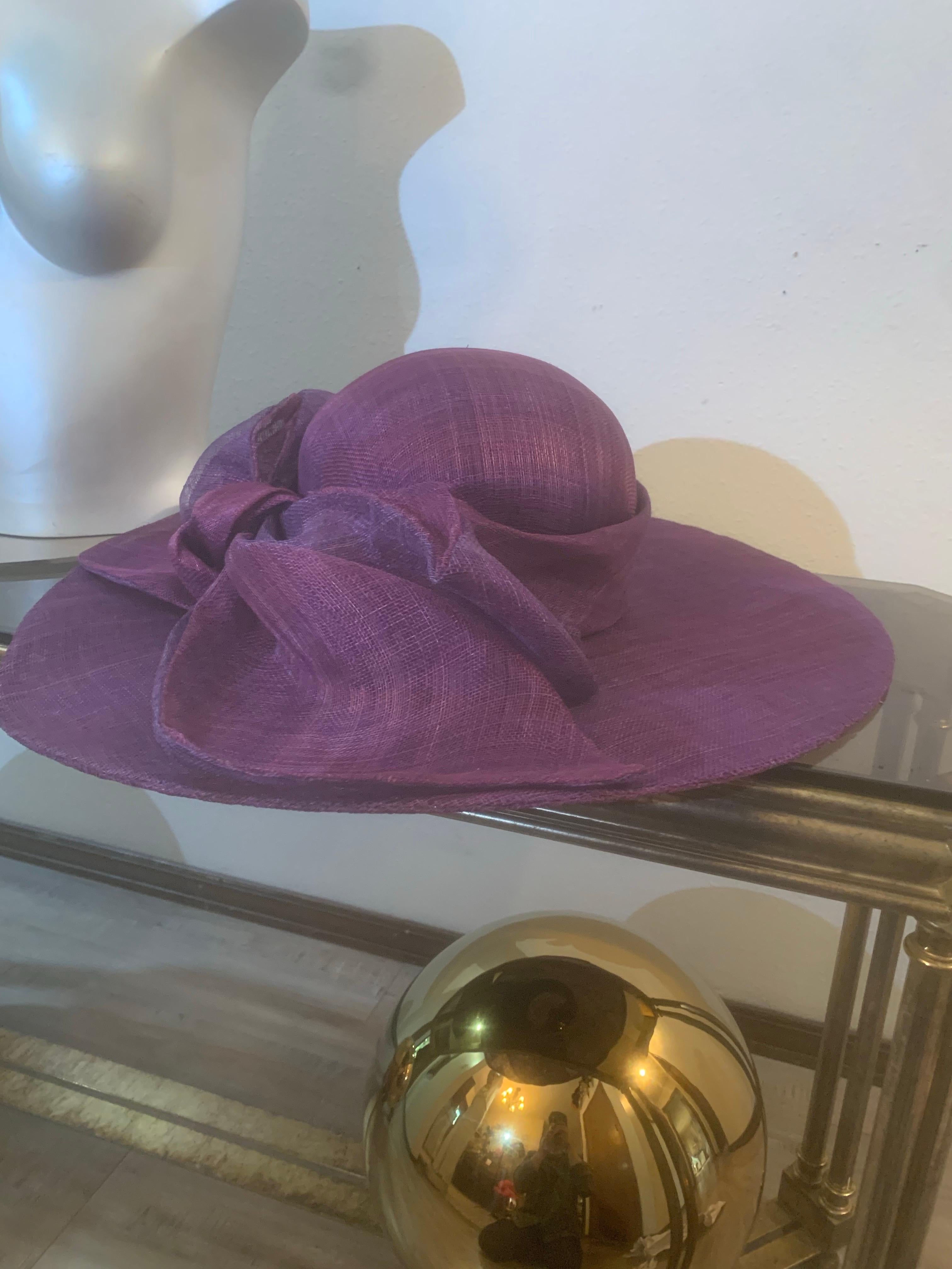 Aubergine Purple Wide Brim Couture Straw Hat w Round Crown and Large Bow at Back For Sale 3