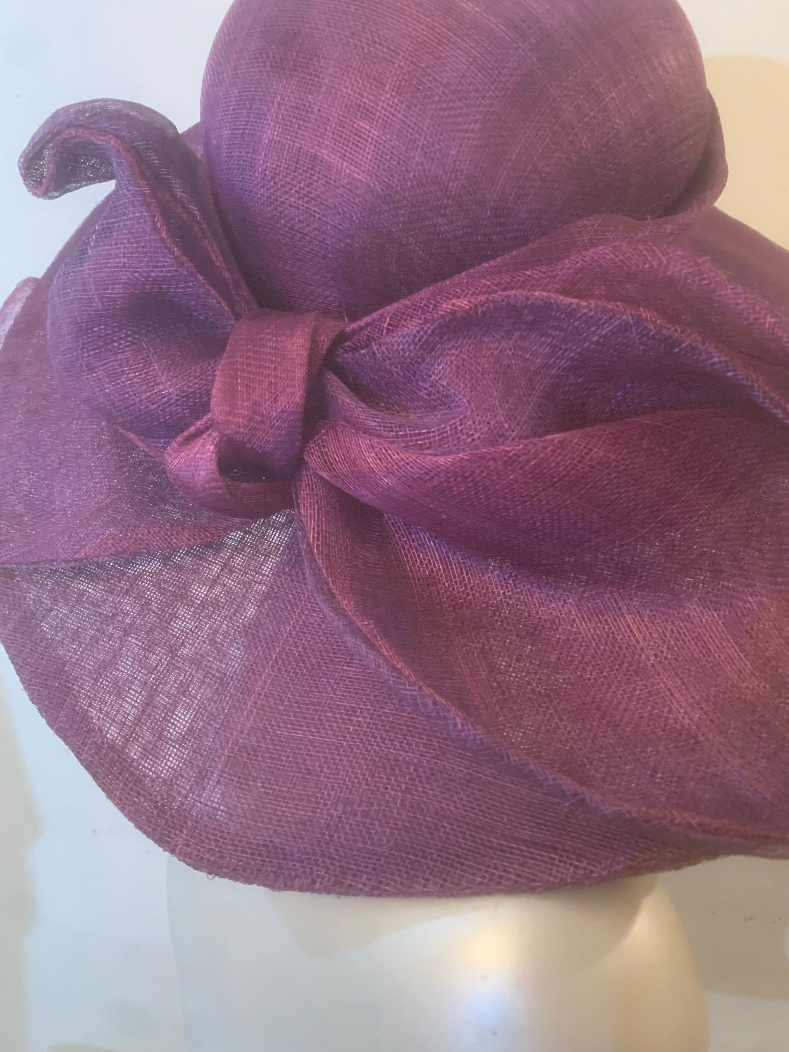 Aubergine Purple Wide Brim Couture Straw Hat w Round Crown and Large Bow at Back For Sale 4