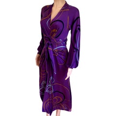 Aubergine ribbon print deep-V wrap tie FLORA KUNG midi dress