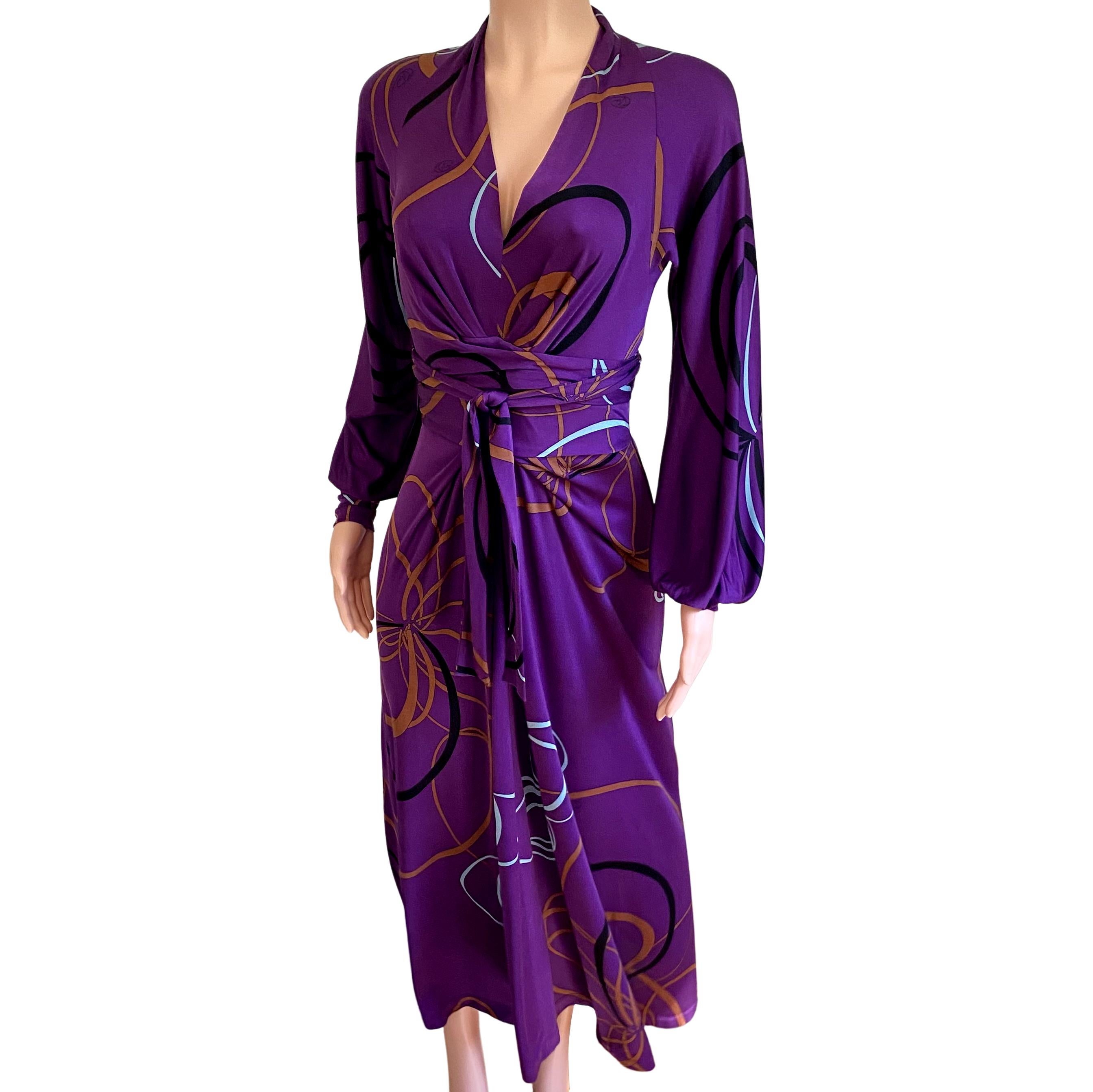 Purple Aubergine ribbon print deep-V wrap tie FLORA KUNG midi dress For Sale