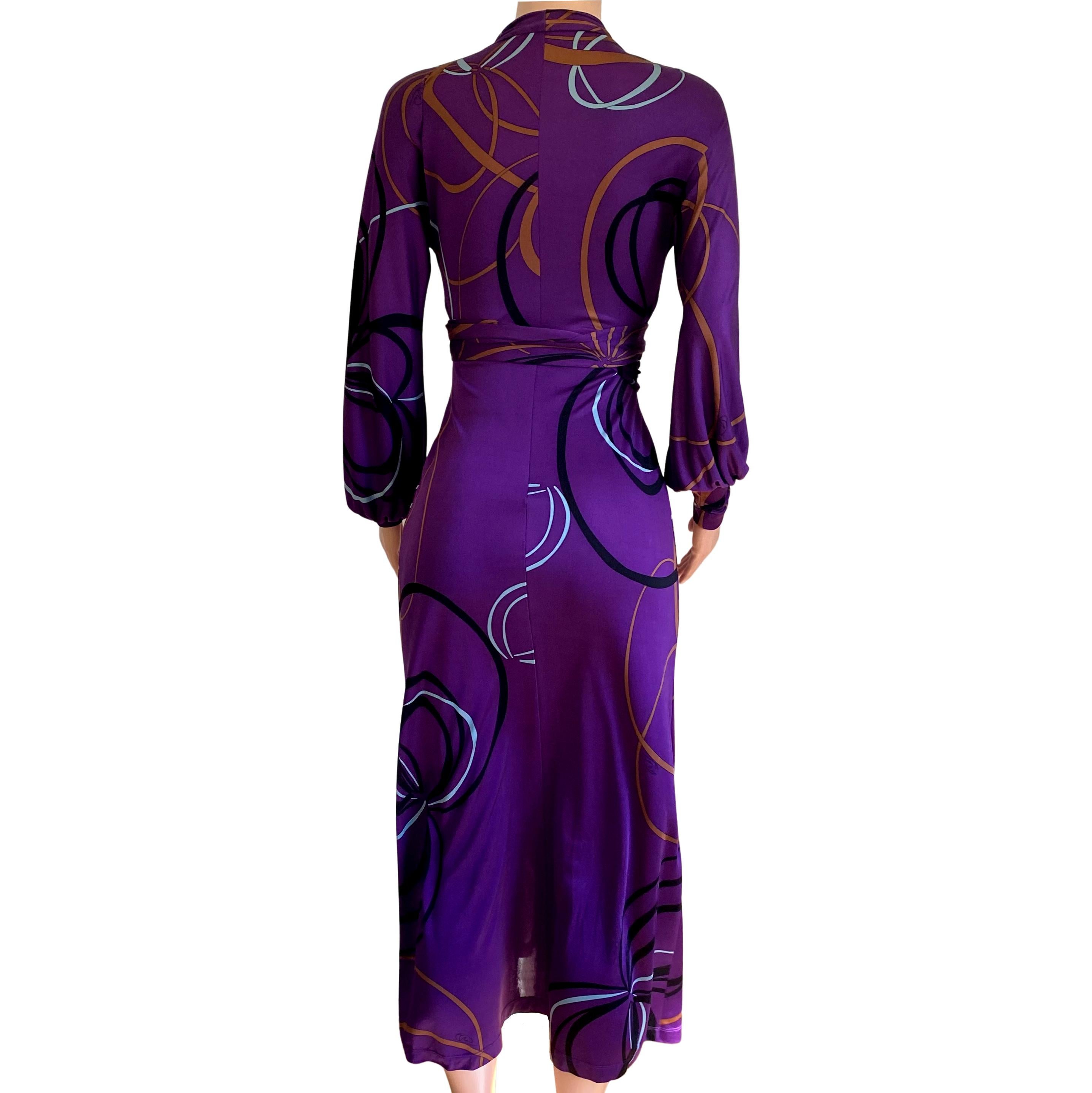 Women's Aubergine ribbon print deep-V wrap tie FLORA KUNG midi dress For Sale
