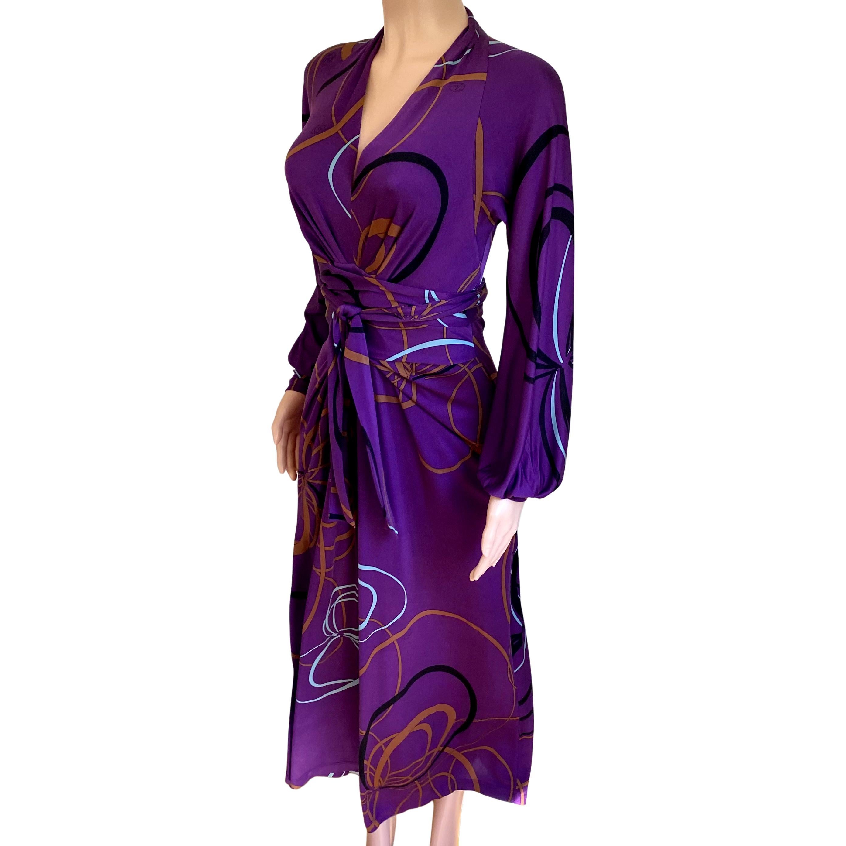Aubergine ribbon print deep-V wrap tie FLORA KUNG midi dress For Sale 1