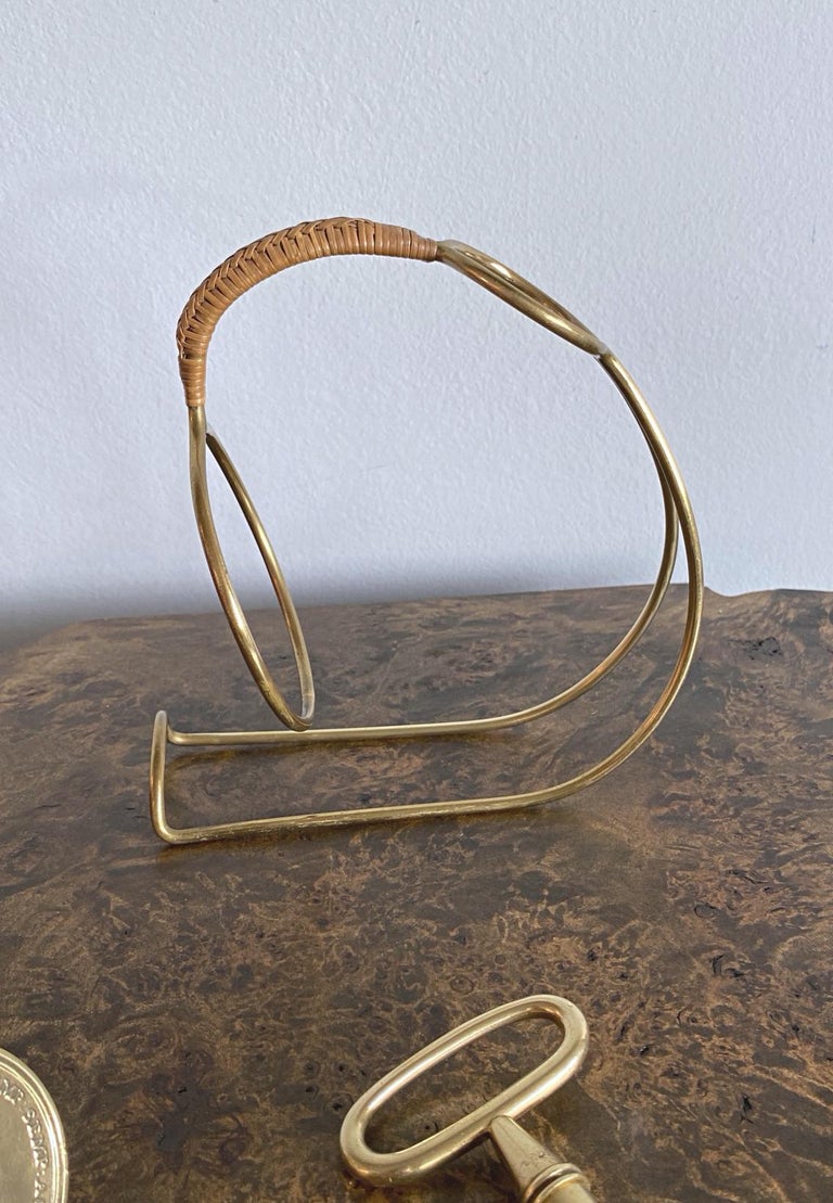 Auböck Red Wine Bottle Holder, Midcentury, Brass and Rattan, 1950s