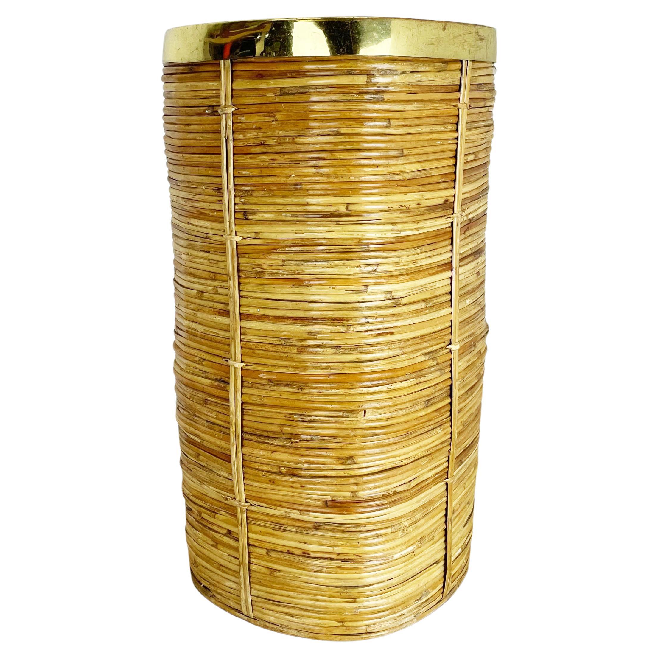 Aubock Style Mid-Century Rattan and Brass Bauhaus Waste Paper Bin, France, 1960s For Sale