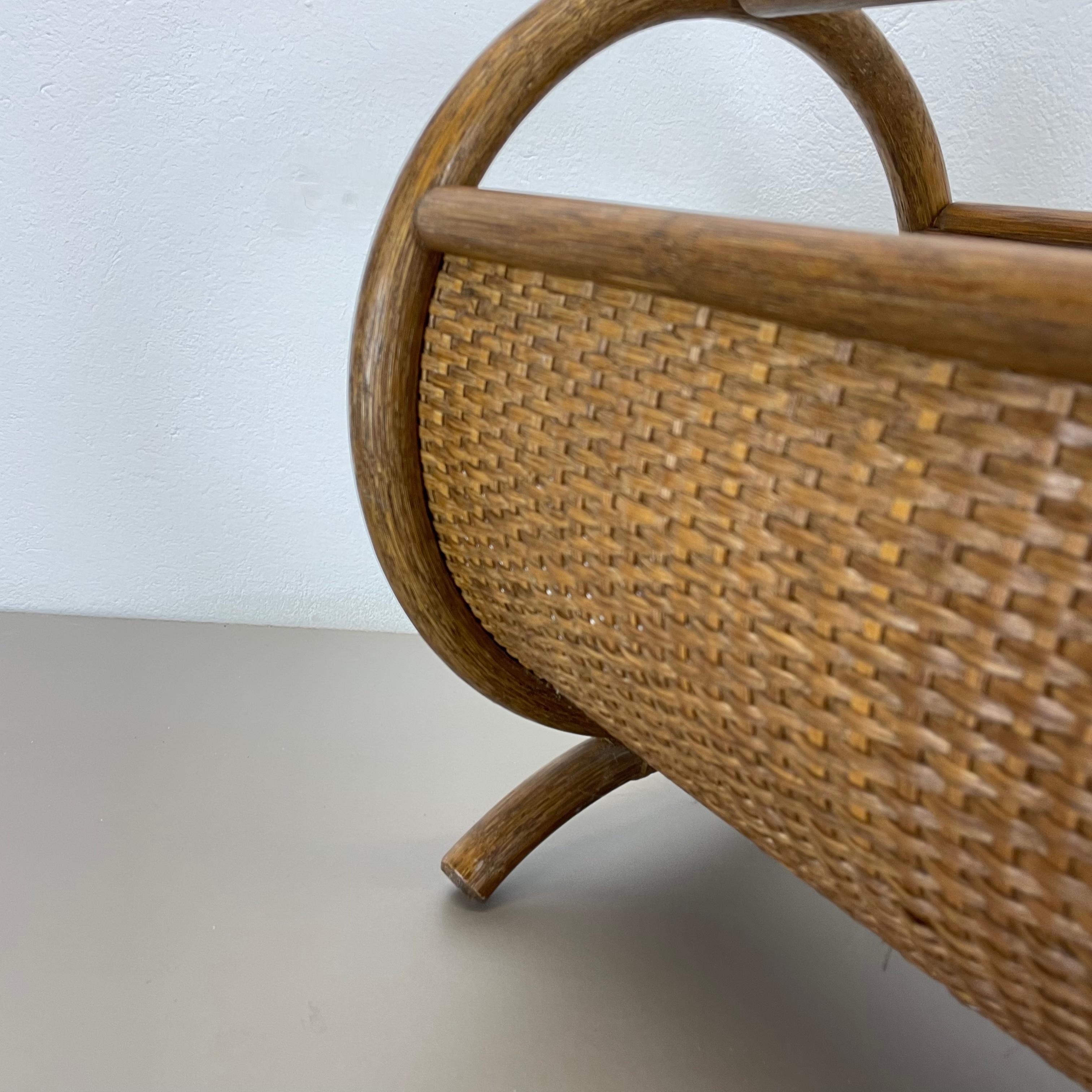 Aubock Style Mid-century Wood and Rattan Bauhaus Magazine Holder, France, 1980s For Sale 7