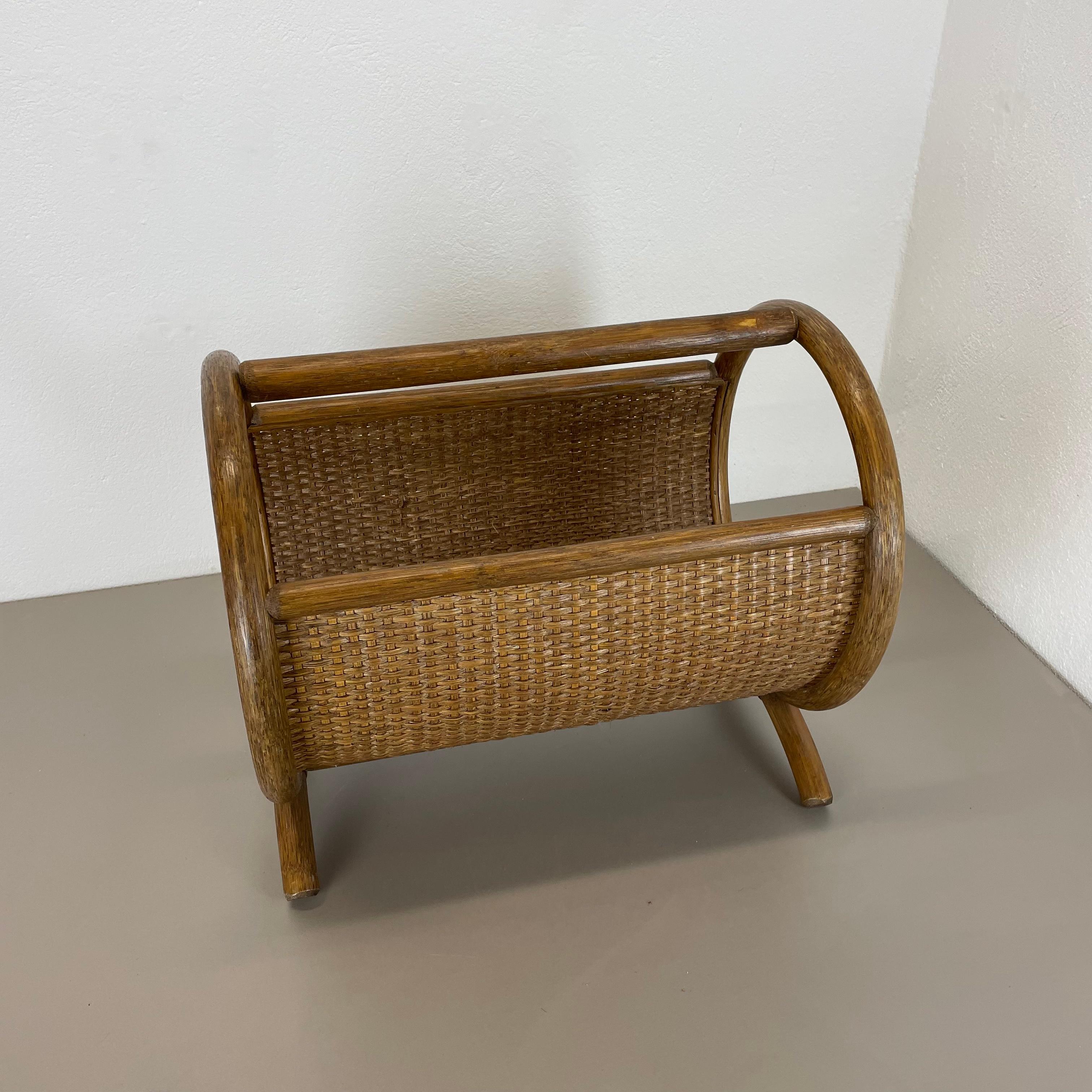 Aubock Style Mid-century Wood and Rattan Bauhaus Magazine Holder, France, 1980s For Sale 8