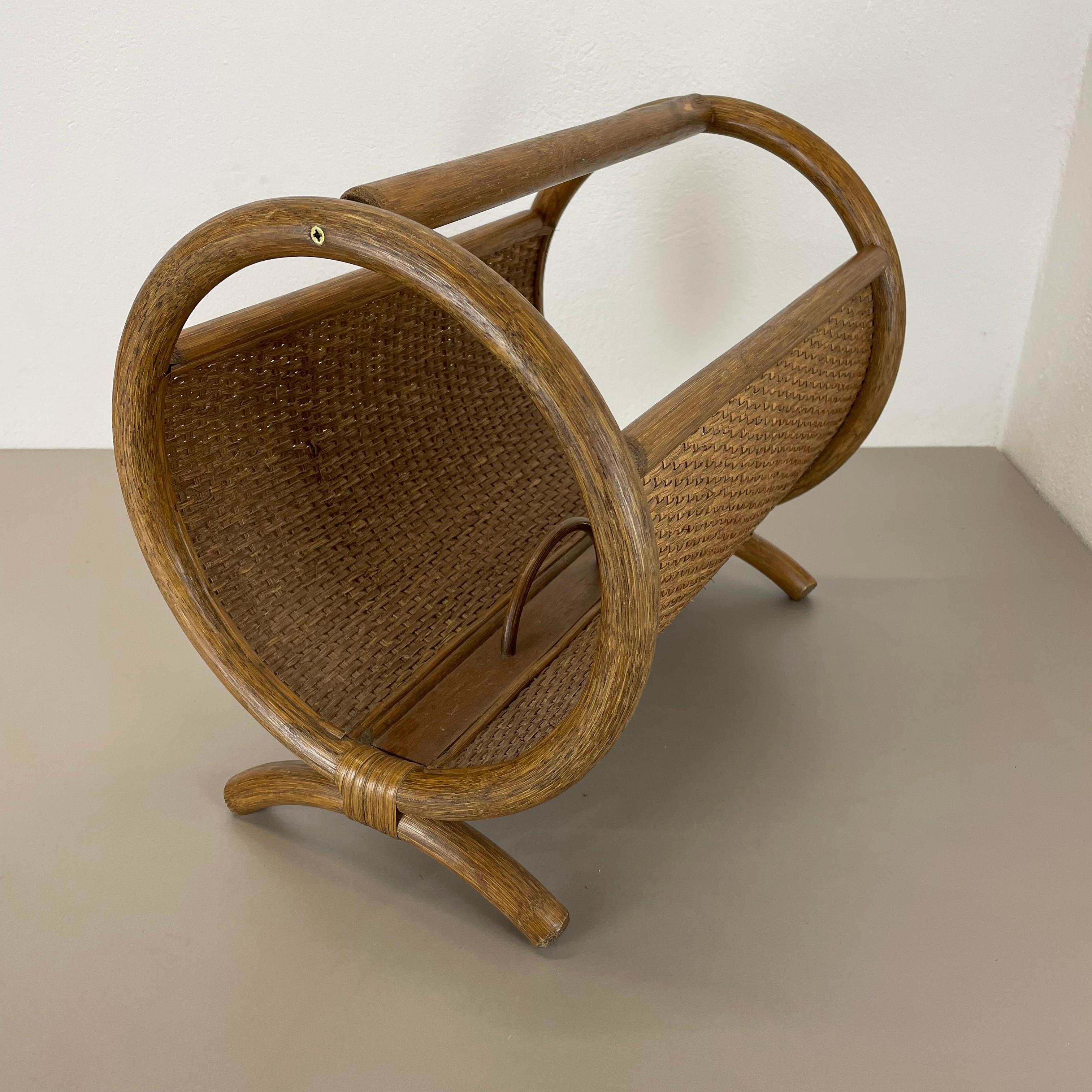 Aubock Style Mid-century Wood and Rattan Bauhaus Magazine Holder, France, 1980s For Sale 9