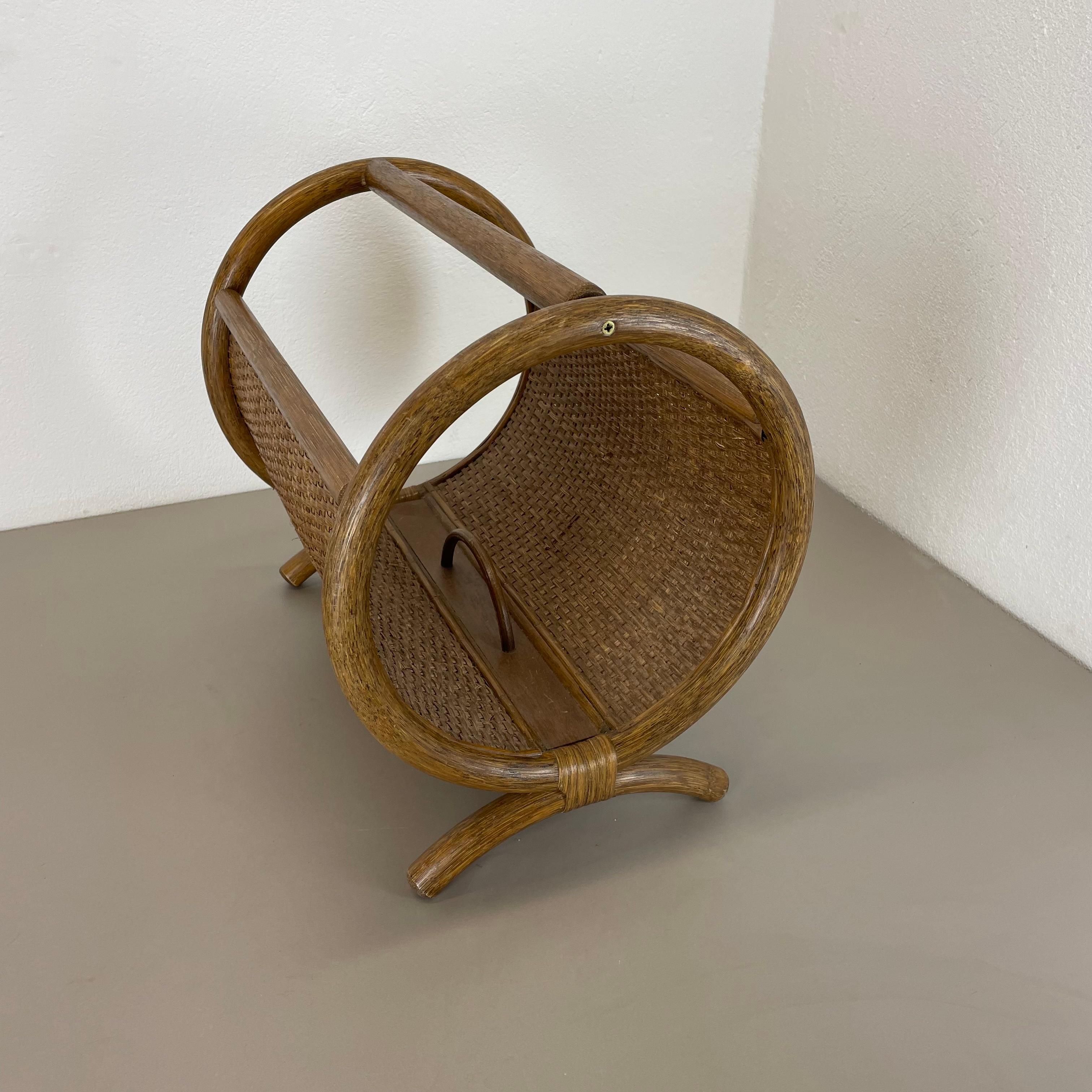 Aubock Style Mid-century Wood and Rattan Bauhaus Magazine Holder, France, 1980s For Sale 11