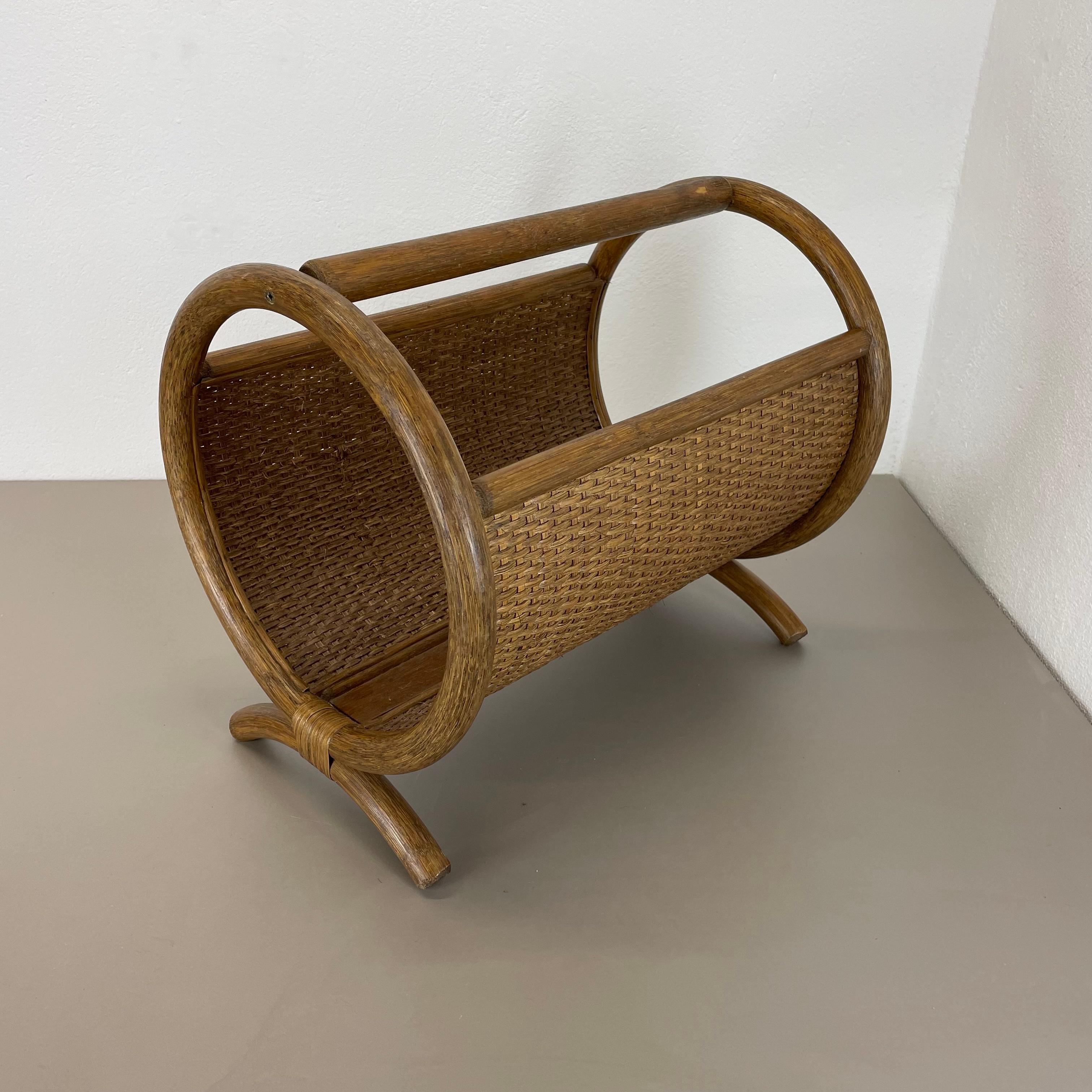 Aubock Style Mid-century Wood and Rattan Bauhaus Magazine Holder, France, 1980s For Sale 12
