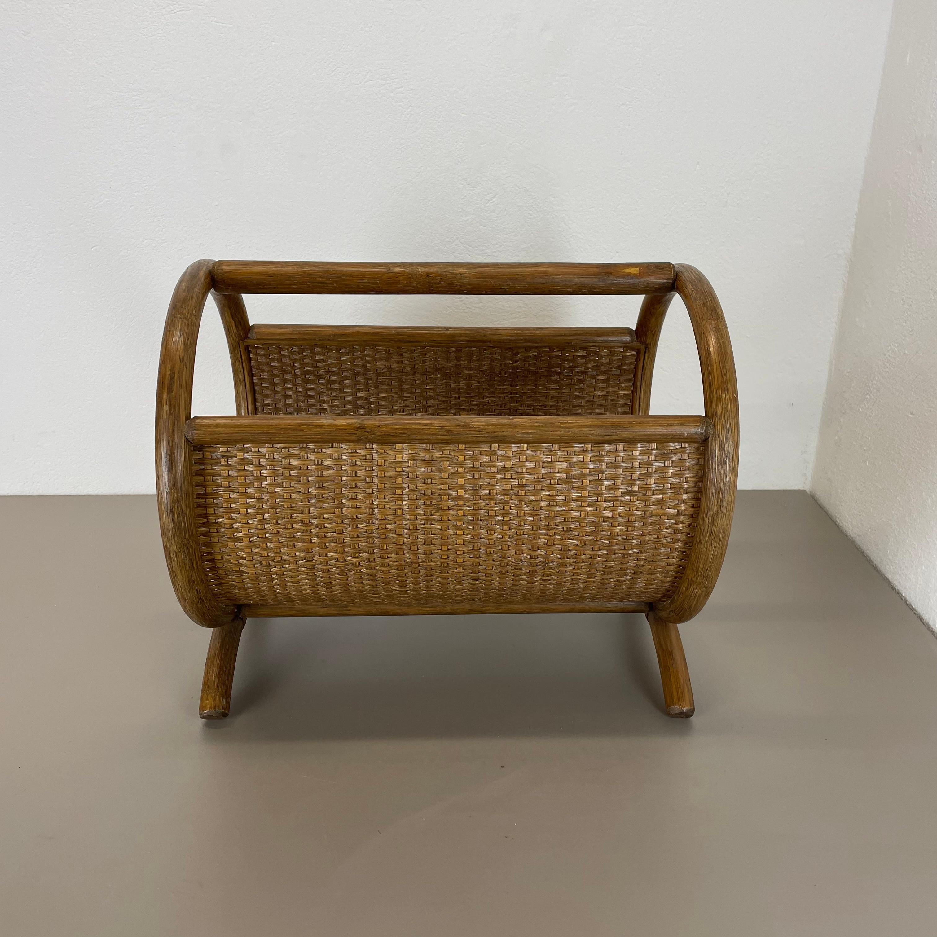 Aubock Style Mid-century Wood and Rattan Bauhaus Magazine Holder, France, 1980s For Sale 13