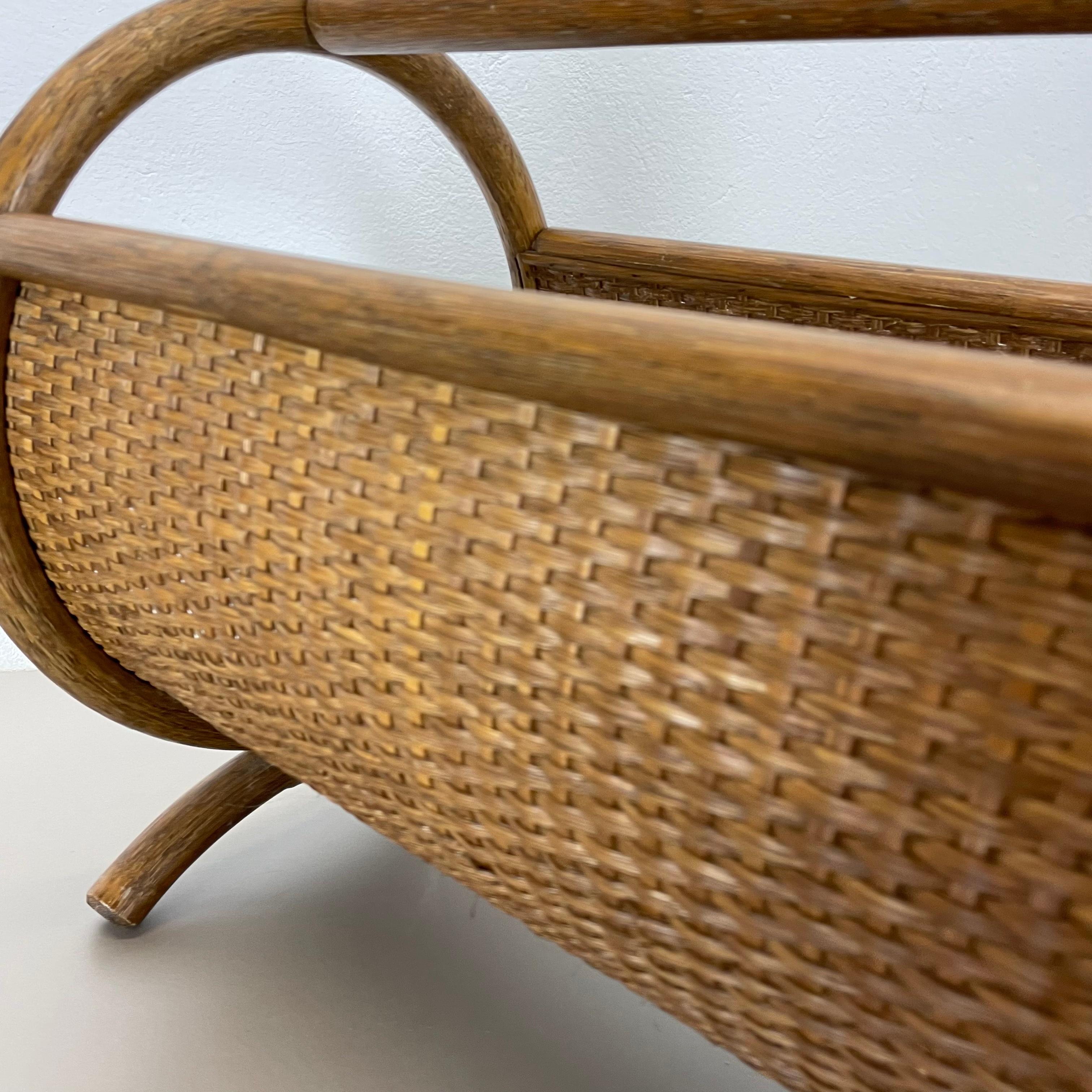 Aubock Style Mid-century Wood and Rattan Bauhaus Magazine Holder, France, 1980s For Sale 14