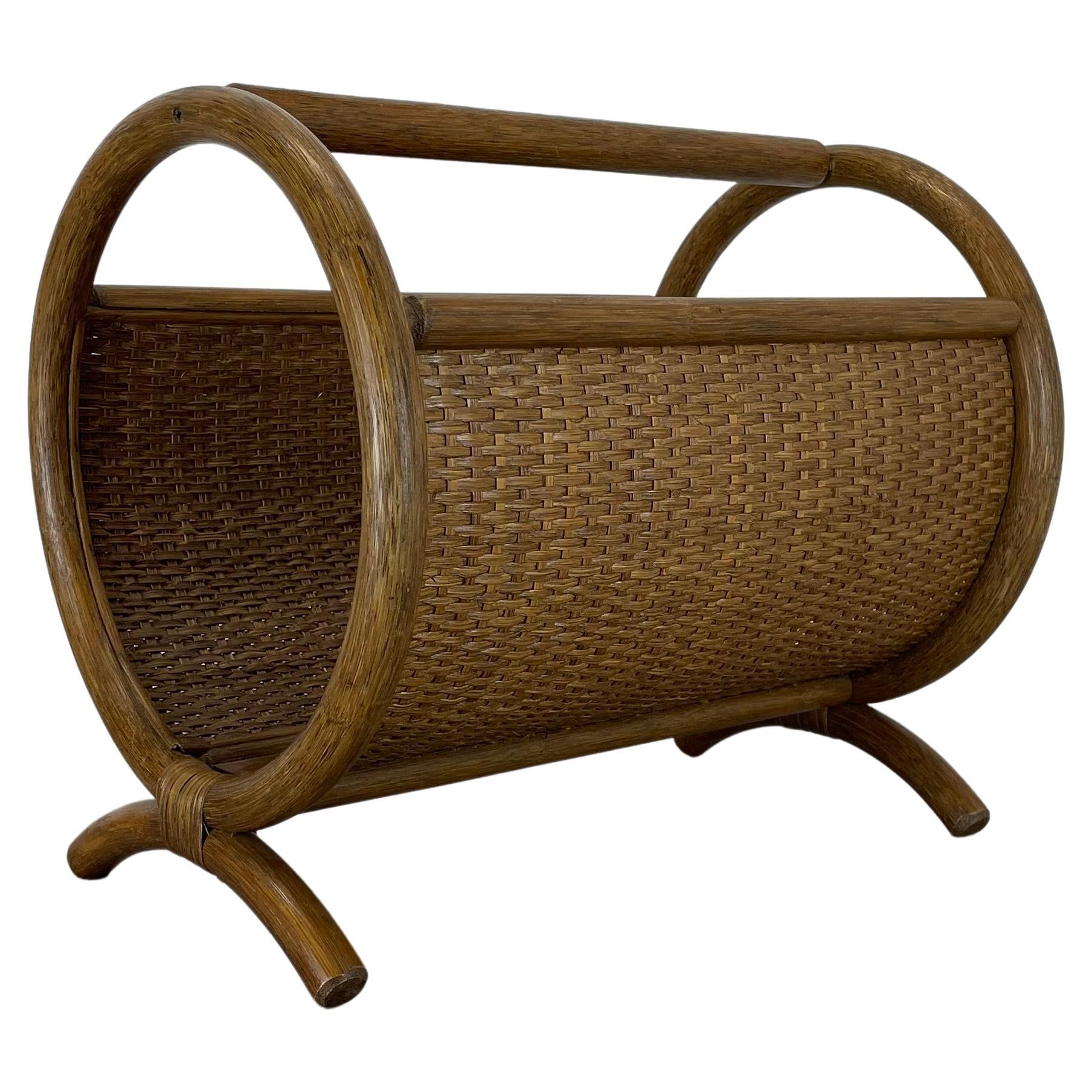 Aubock Style Mid-century Wood and Rattan Bauhaus Magazine Holder, France, 1980s For Sale