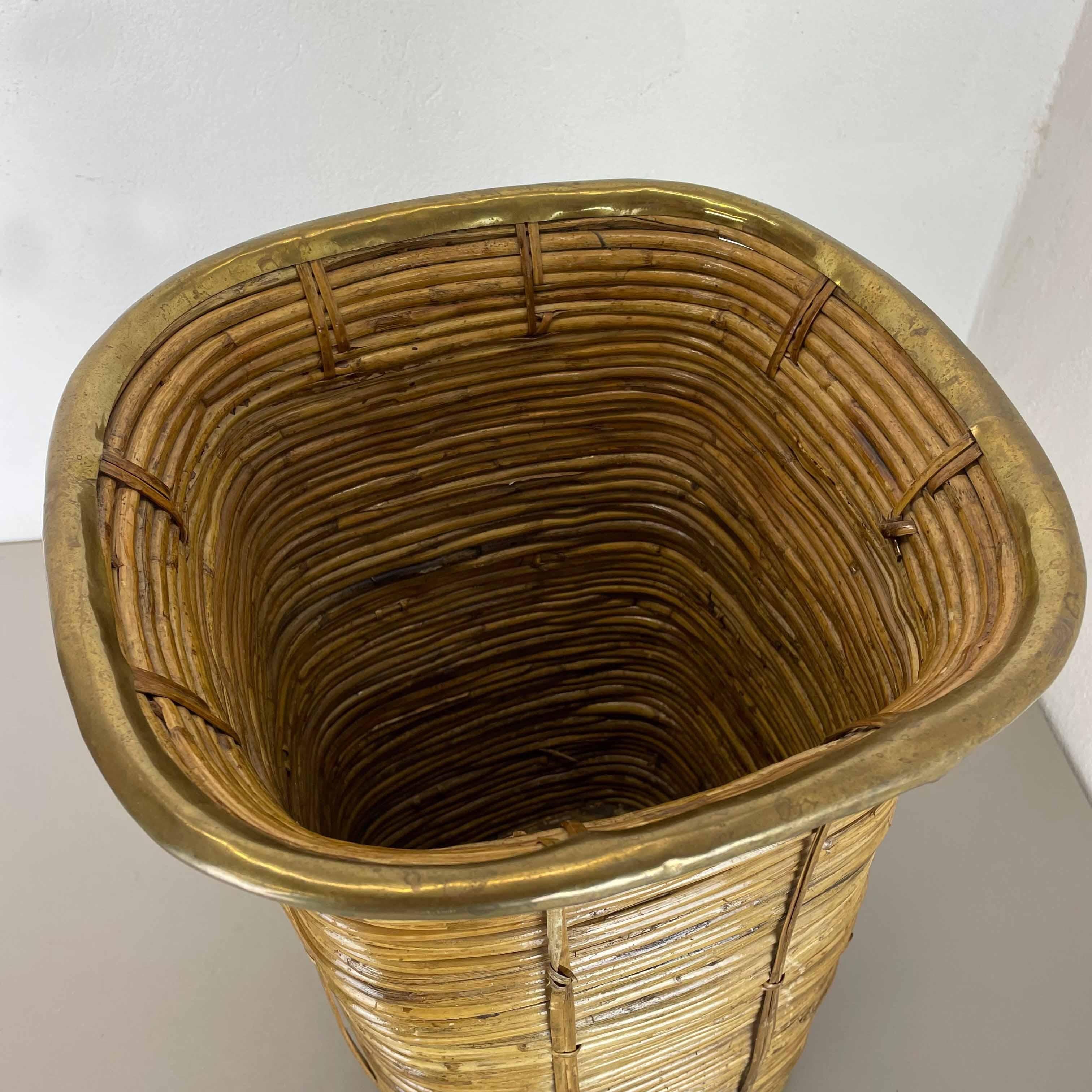 Aubock Style Rattan and Brass Bauhaus Waste Bin, Umbrella Stand, France, 1960s For Sale 9