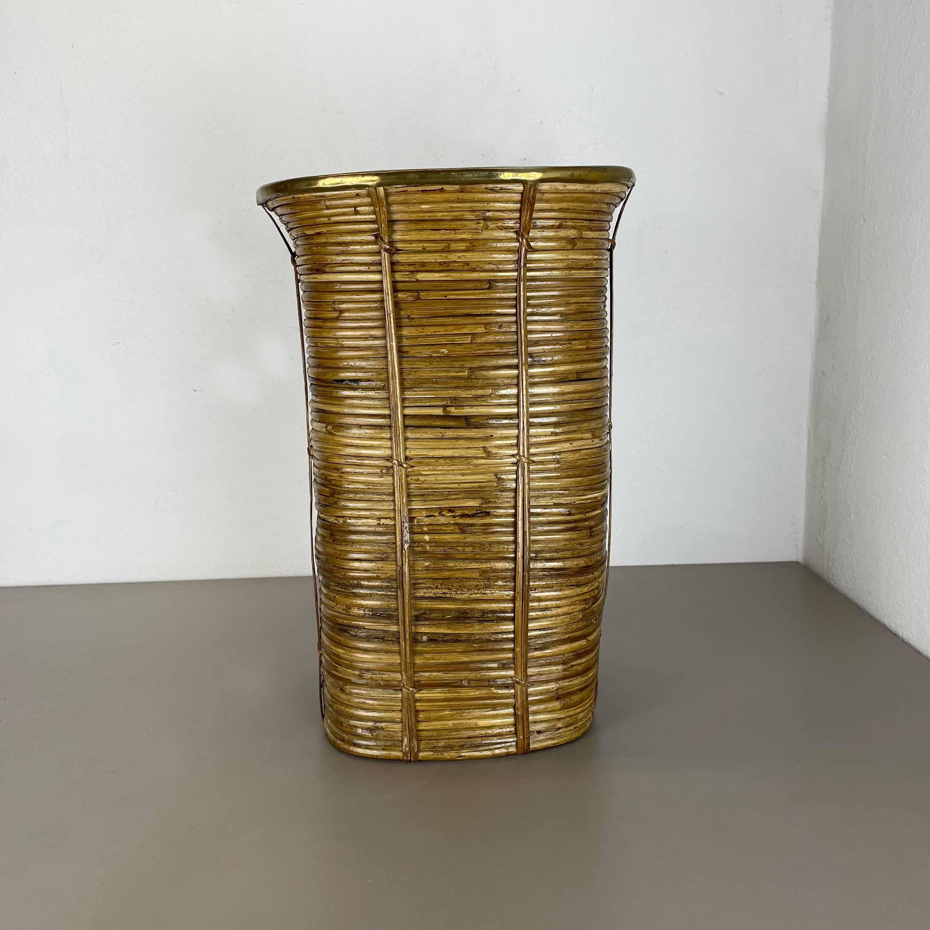 French Aubock Style Rattan and Brass Bauhaus Waste Bin, Umbrella Stand, France, 1960s For Sale