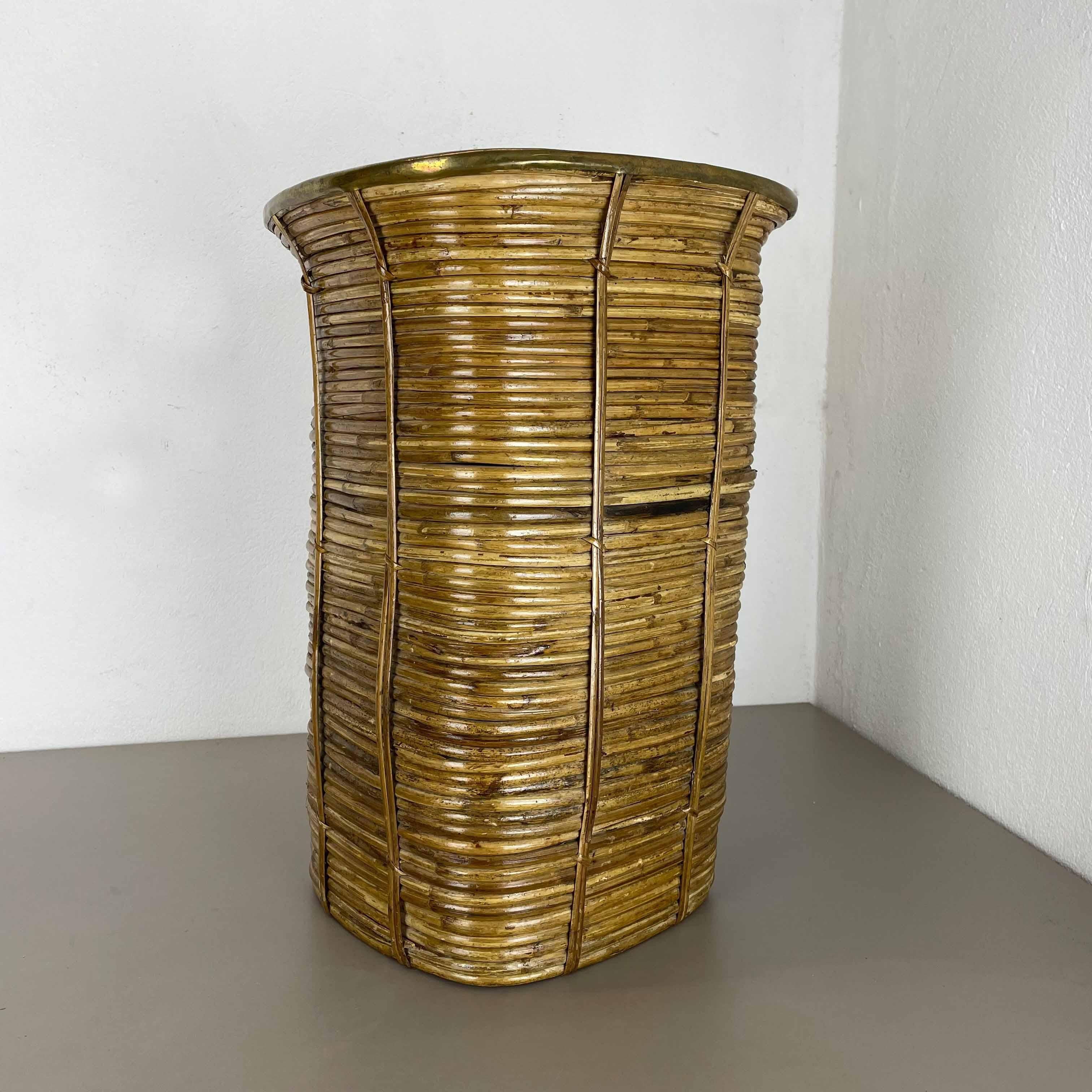 20th Century Aubock Style Rattan and Brass Bauhaus Waste Bin, Umbrella Stand, France, 1960s For Sale