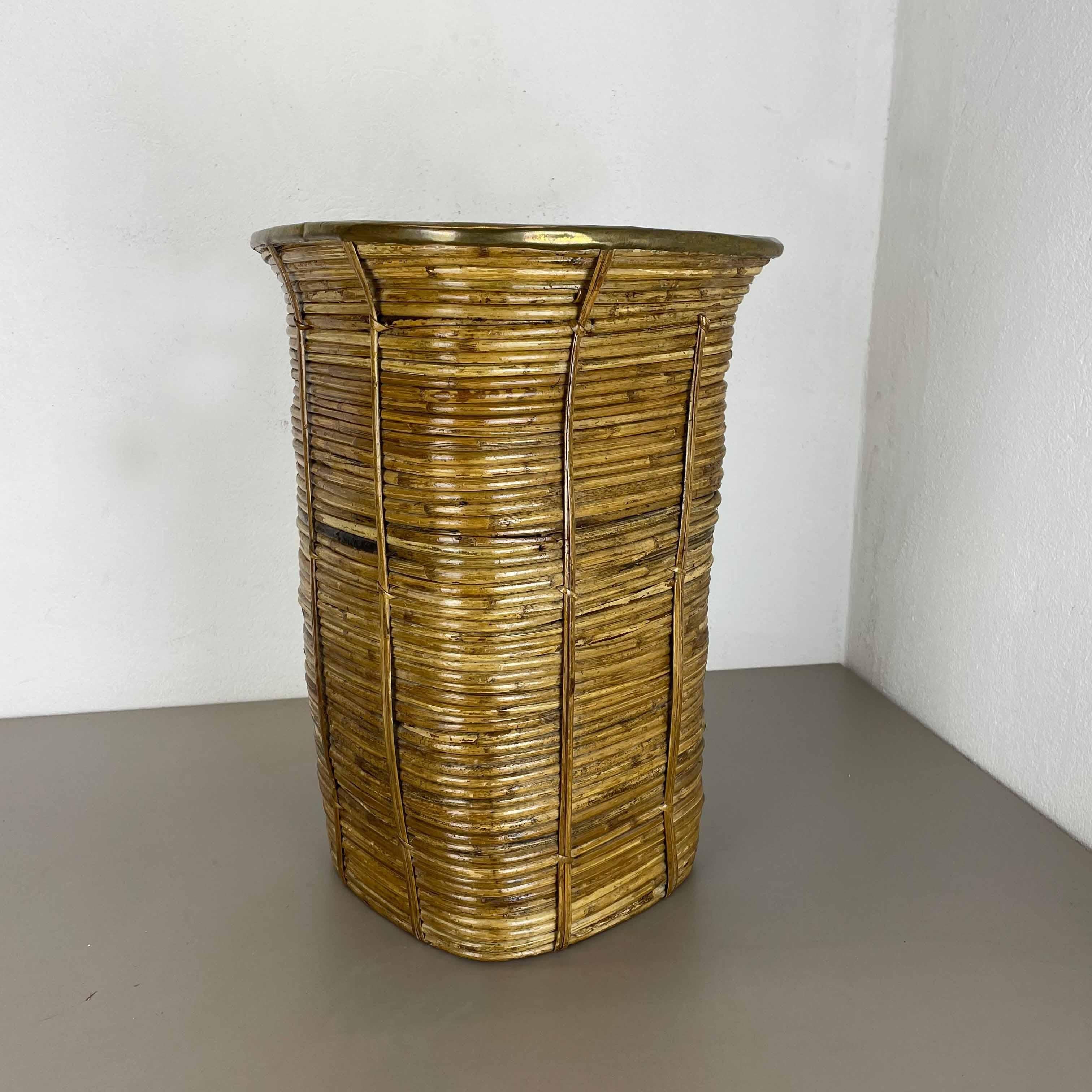 Metal Aubock Style Rattan and Brass Bauhaus Waste Bin, Umbrella Stand, France, 1960s For Sale