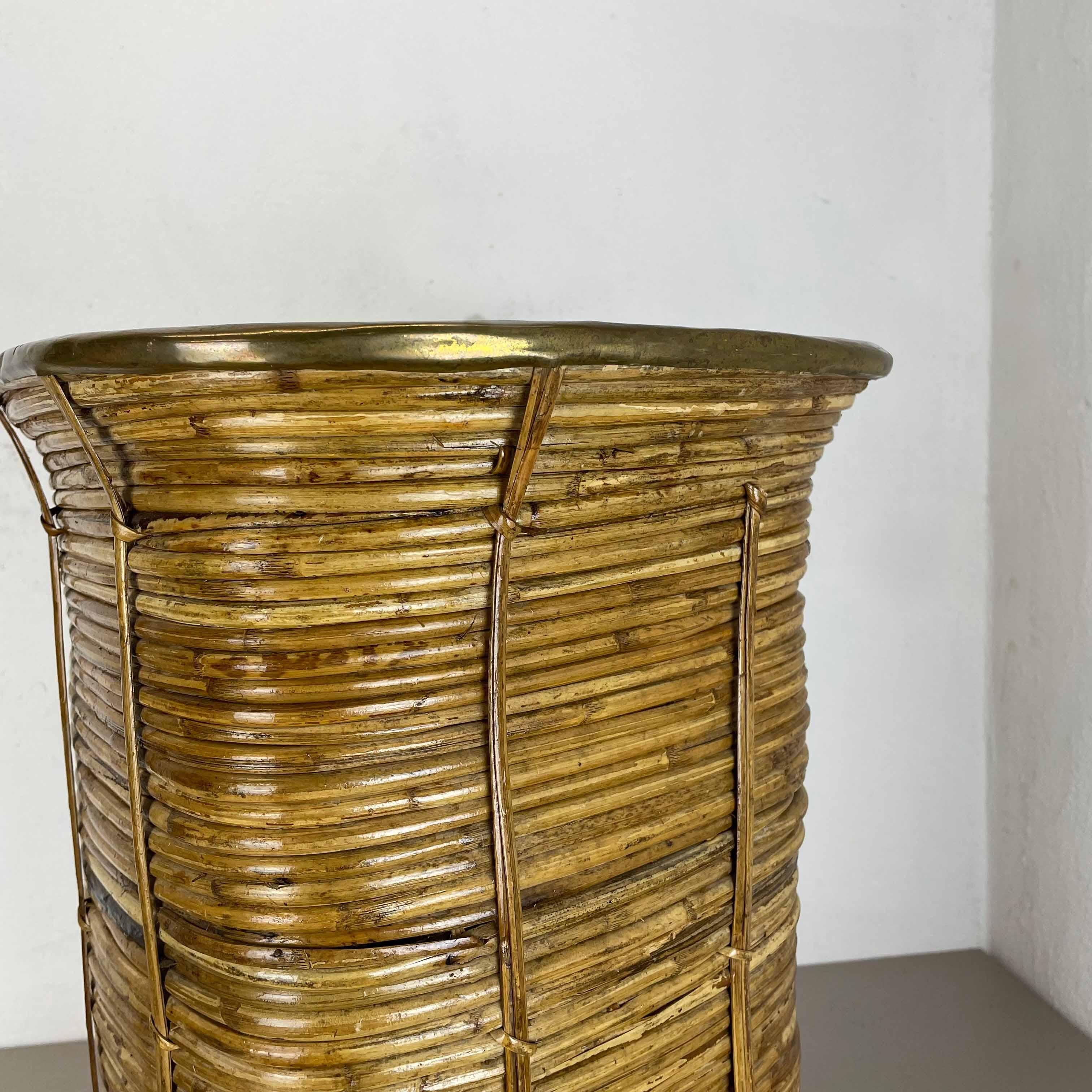 Aubock Style Rattan and Brass Bauhaus Waste Bin, Umbrella Stand, France, 1960s For Sale 1