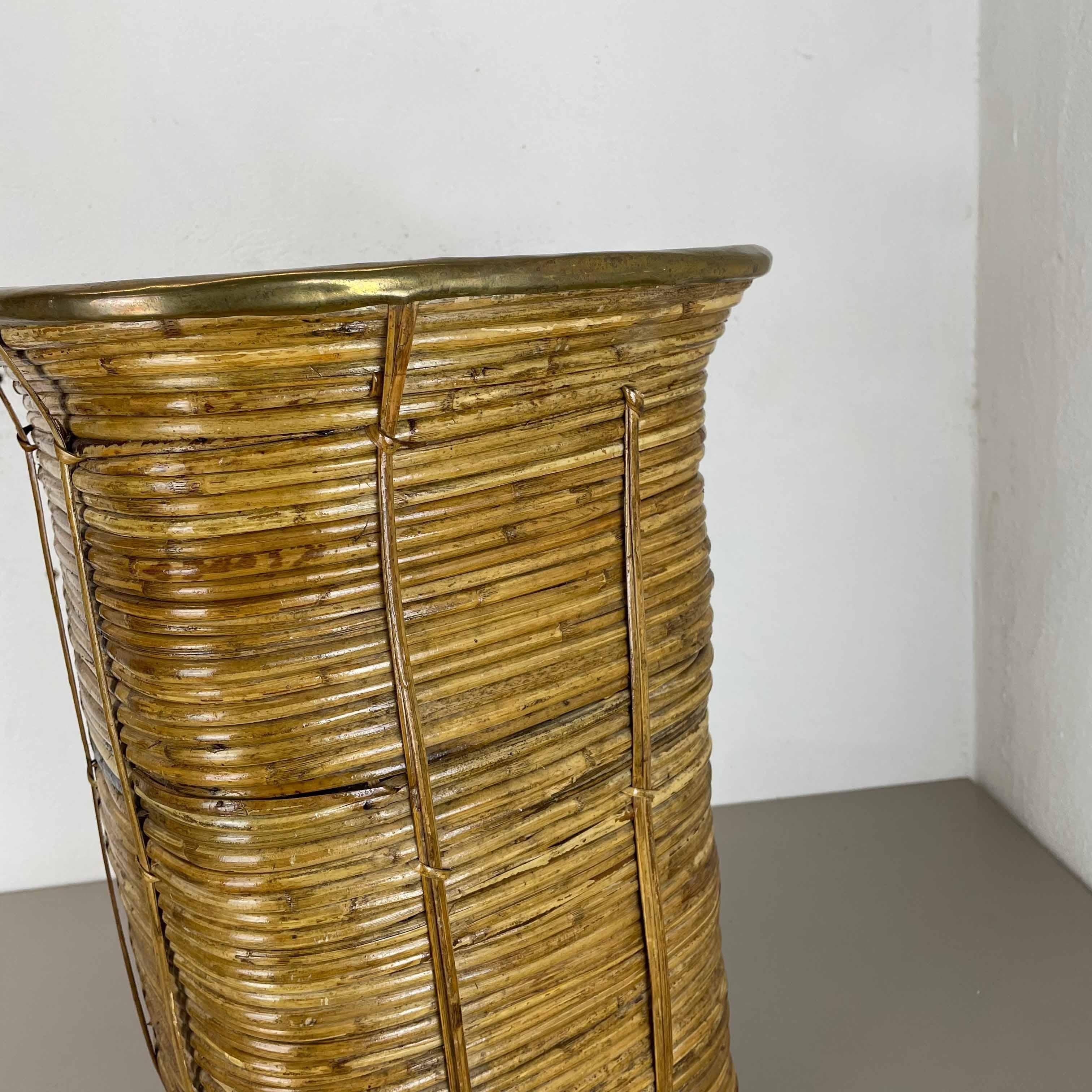 Aubock Style Rattan and Brass Bauhaus Waste Bin, Umbrella Stand, France, 1960s For Sale 3