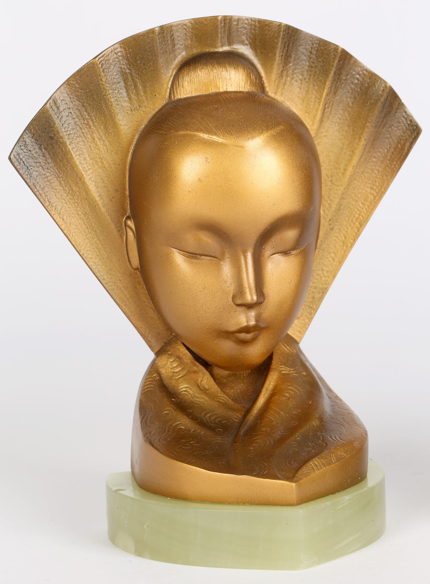 Aubör Austrian Art Deco Geisha Girl and Fan Bronze Bookends For Sale 5