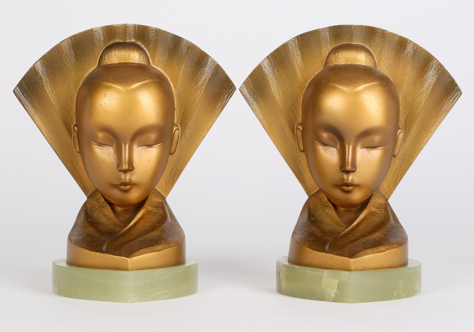 Aubör Austrian Art Deco Geisha Girl and Fan Bronze Bookends For Sale 6