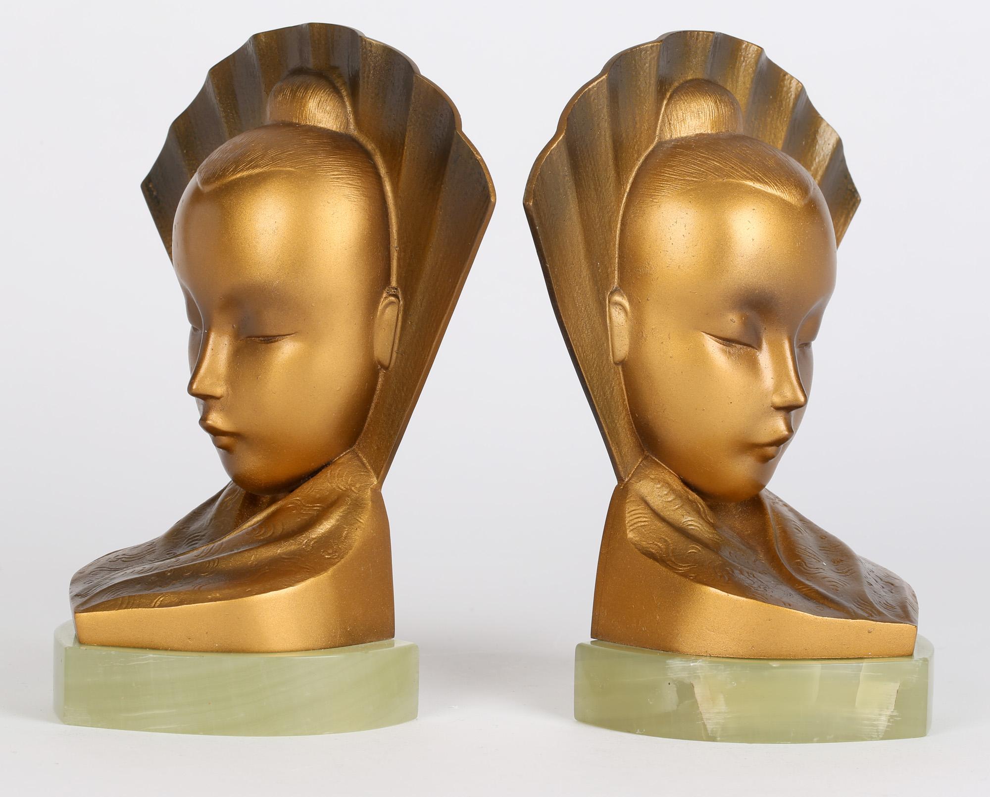Aubör Austrian Art Deco Geisha Girl and Fan Bronze Bookends For Sale 9
