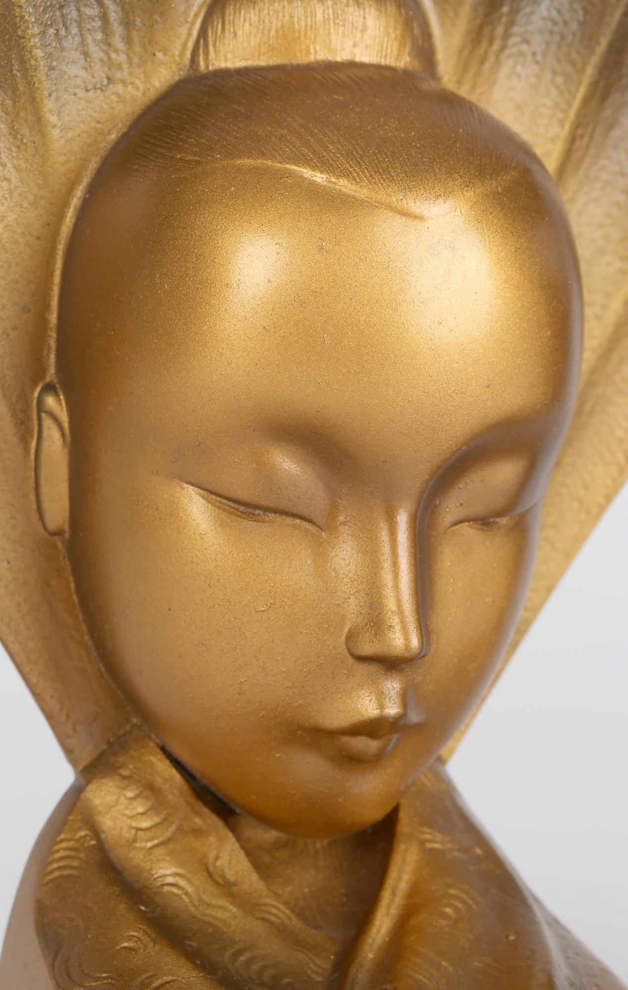 Aubör Austrian Art Deco Geisha Girl and Fan Bronze Bookends For Sale 11
