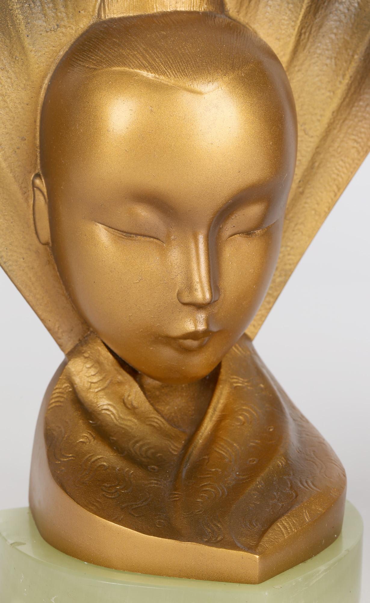 Aubör Austrian Art Deco Geisha Girl and Fan Bronze Bookends In Good Condition For Sale In Bishop's Stortford, Hertfordshire