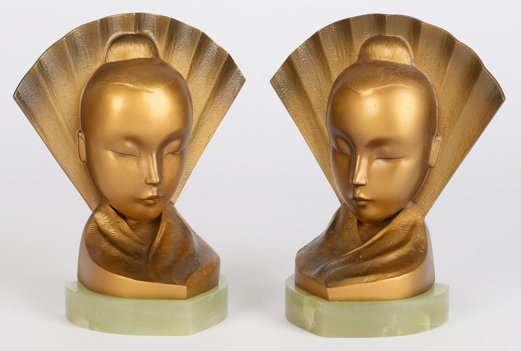 20th Century Aubör Austrian Art Deco Geisha Girl and Fan Bronze Bookends For Sale