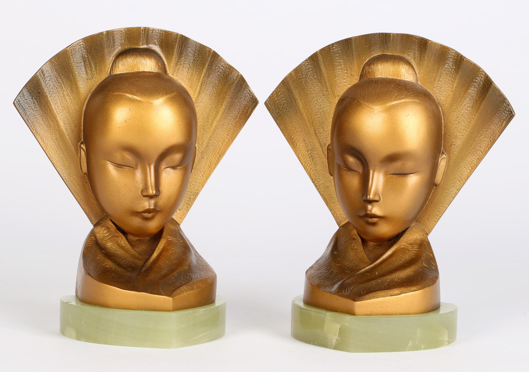 Aubör Austrian Art Deco Geisha Girl and Fan Bronze Bookends For Sale 3