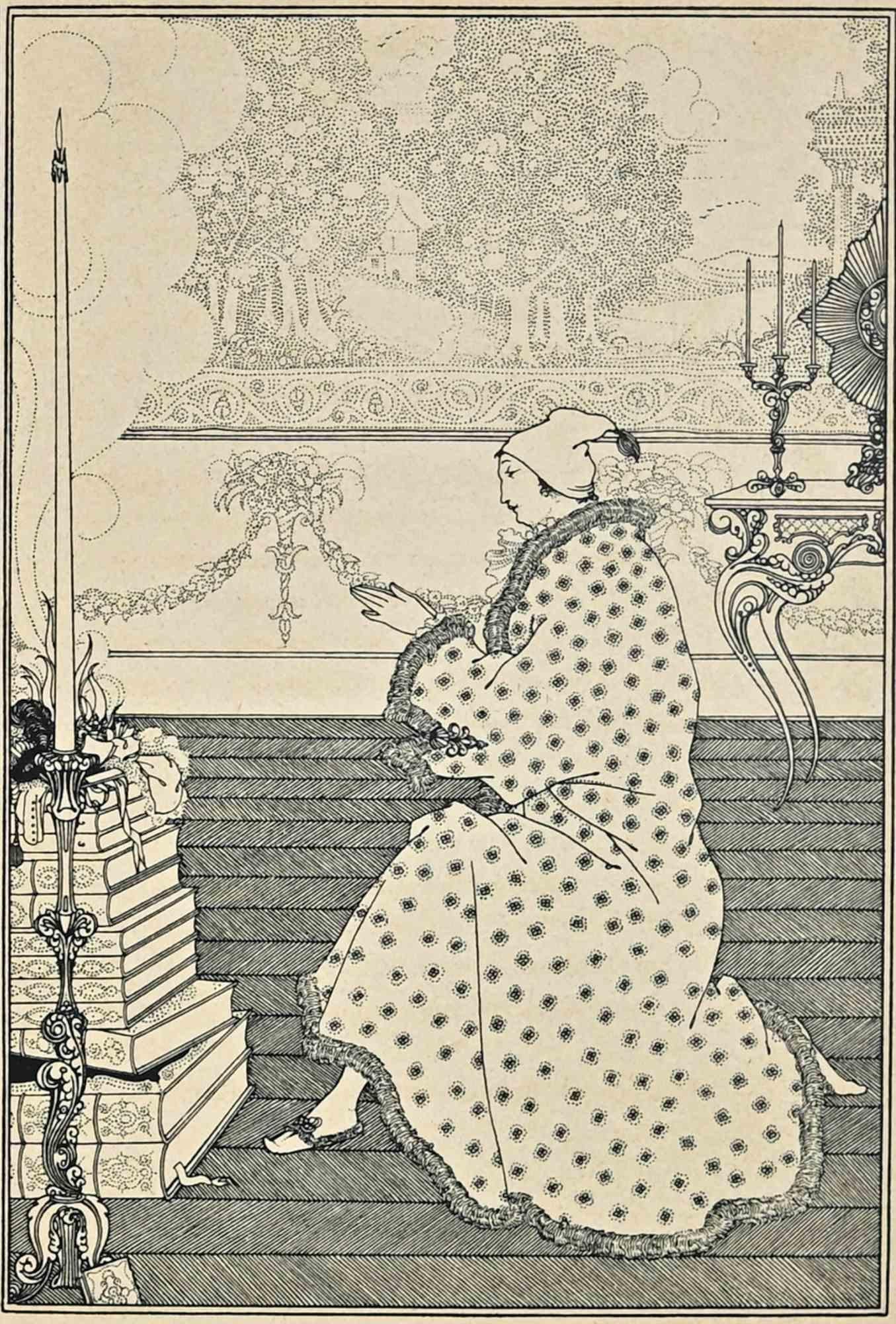 The Praying is an original lithograph realized by Aubrey Beardsley in 1896, as part of the Suite "The Rape of the Lock".

Good conditions.

Included a Passepartout: 40 x30 cm.

Aubrey Beardsley  (1872-1898) was an English illustrator, writer and