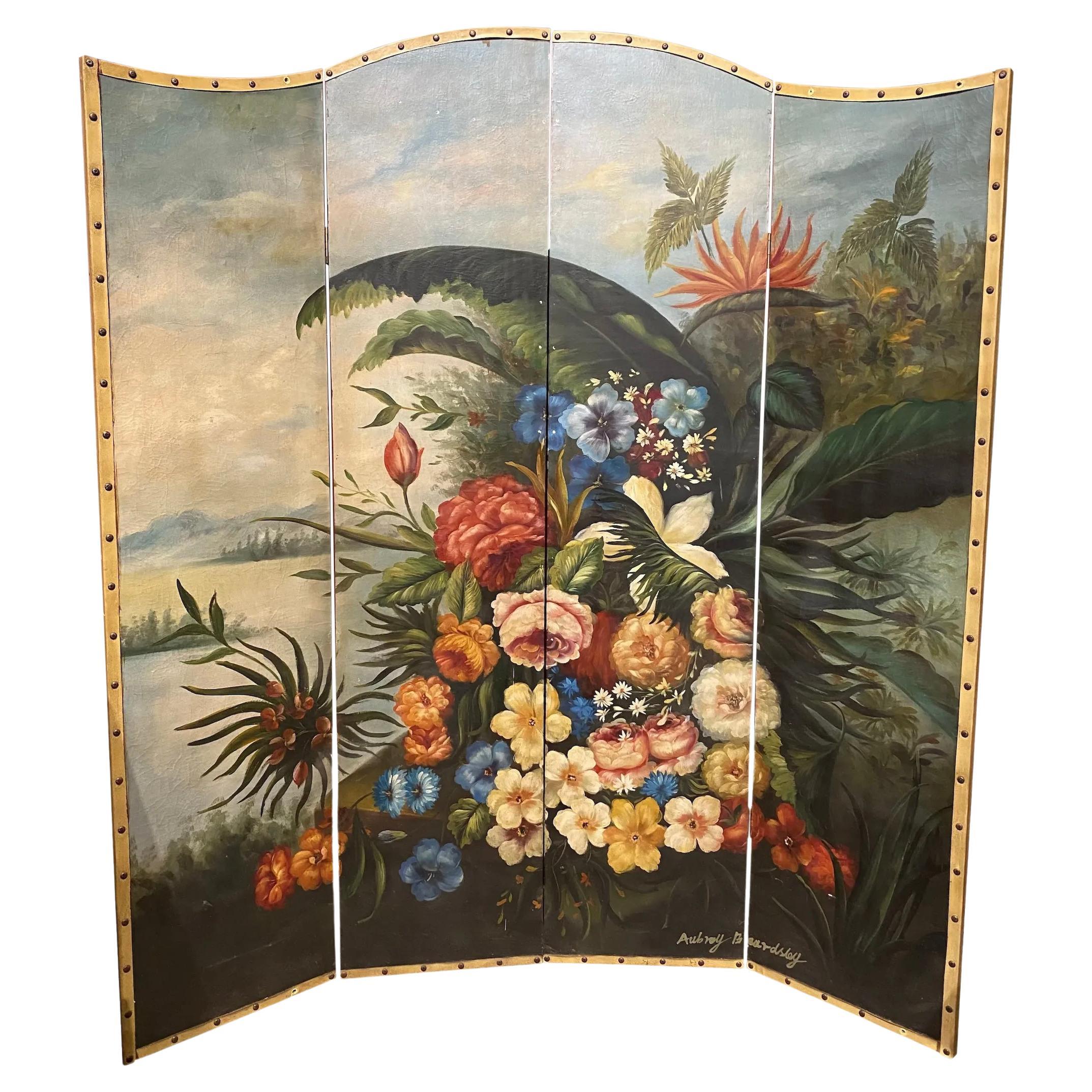Aubrey Beardsley 19th c Floral Still Life Painting on Canvas on 4-Panel Screen