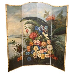 A.I.C.C. Nature morte florale sur toile sur paravent à 4 panneaux