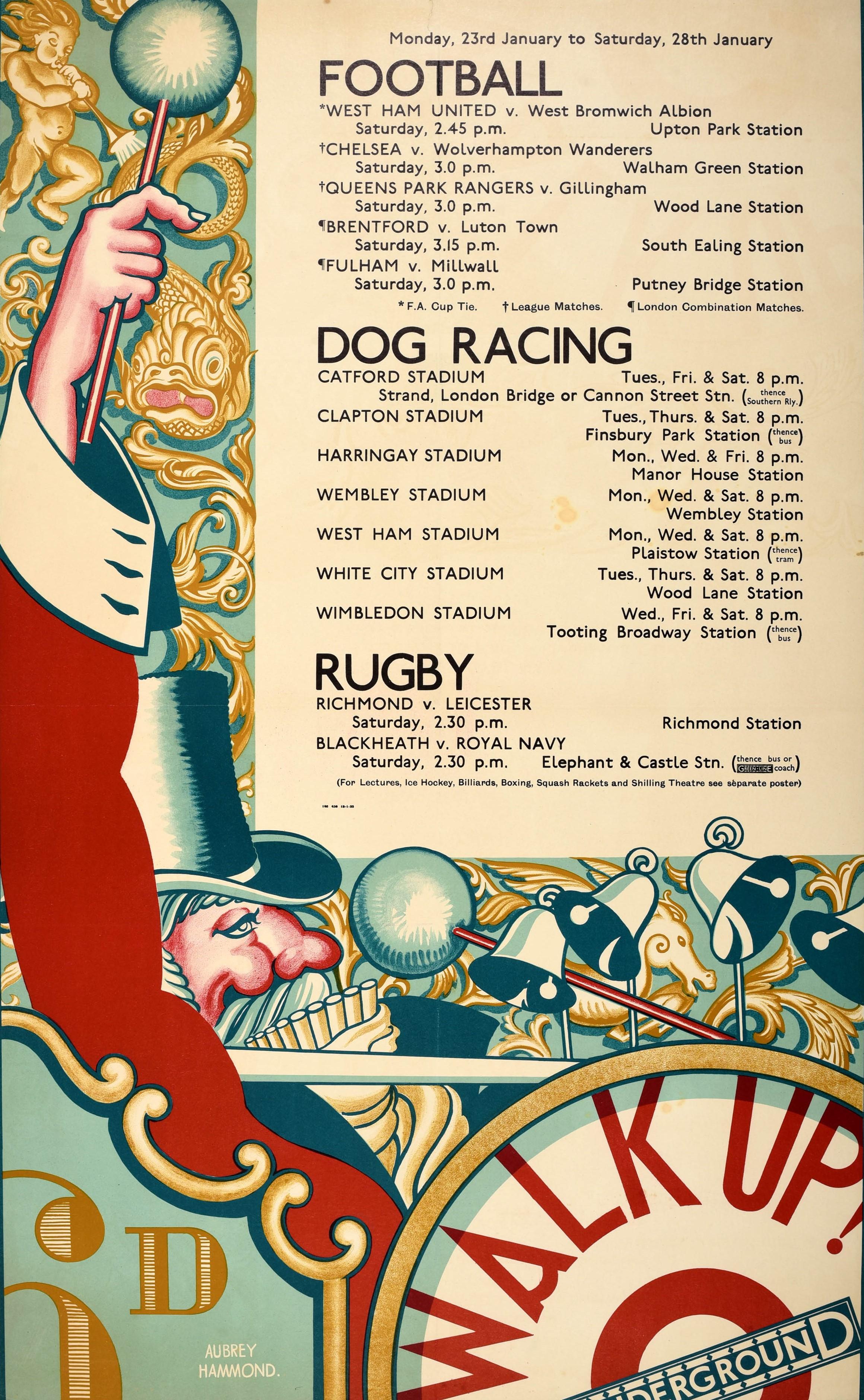 Poster originale d'epoca dei trasporti londinesi che promuove gli eventi sportivi da lunedì 23 a sabato 28 gennaio con la metropolitana di Londra e i servizi di autobus per le partite di calcio (FA Cup Tie League e London Combination), le corse dei
