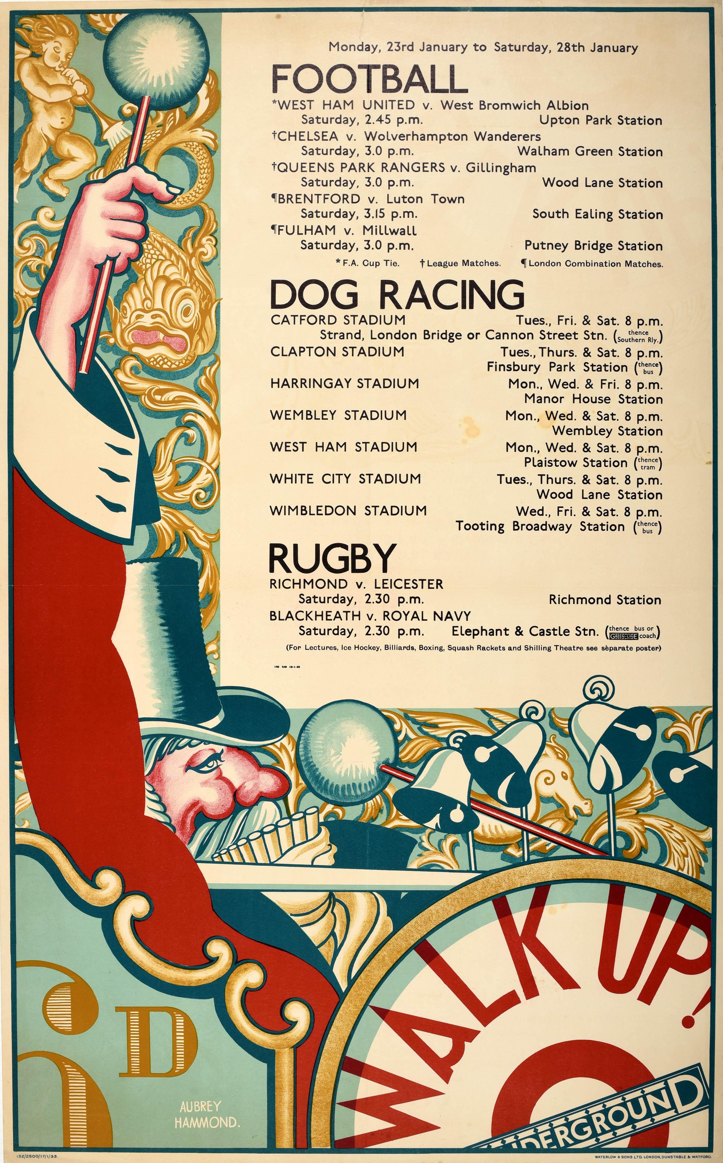 Aubrey Hammond Print - Original Vintage London Underground Poster Football Dog Racing Rugby Sports Week