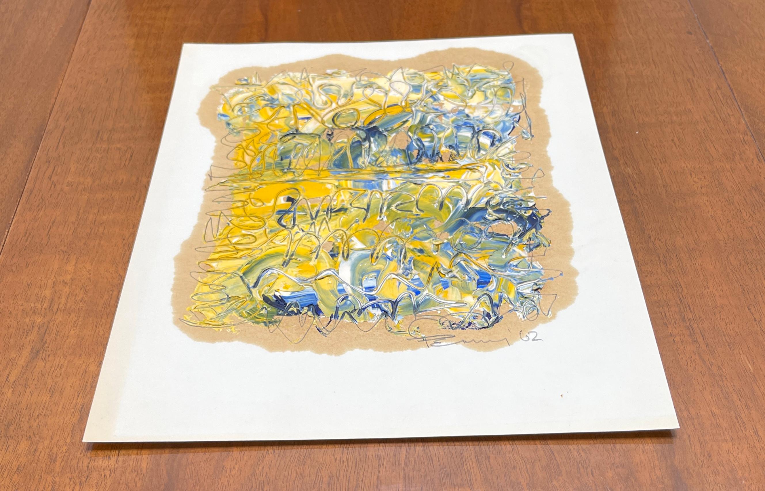 Original textured painting by Aubrey Penny.
Signed and Dated 62

Aubrey Penny (American 1917-2000) was an innovative California abstract artist who worked in a variety of mediums. Owner of the No-os gallery on La Cienega Boulevard, Los Angeles, CA,